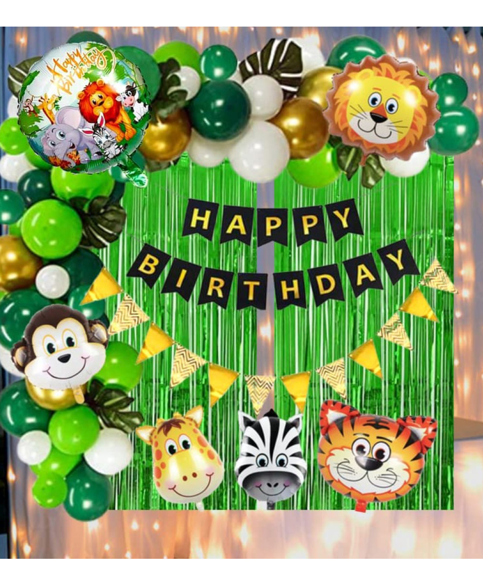 Bubble Trouble Jungle Theme Birthday Decoration Kit Combo with Led Fairy Light Black Banner Round Jungle Foil Jungle Foil Balloons Arch Tape Metalic Balloons Curtains Crome Balloons- 73 Pieces-image-7
