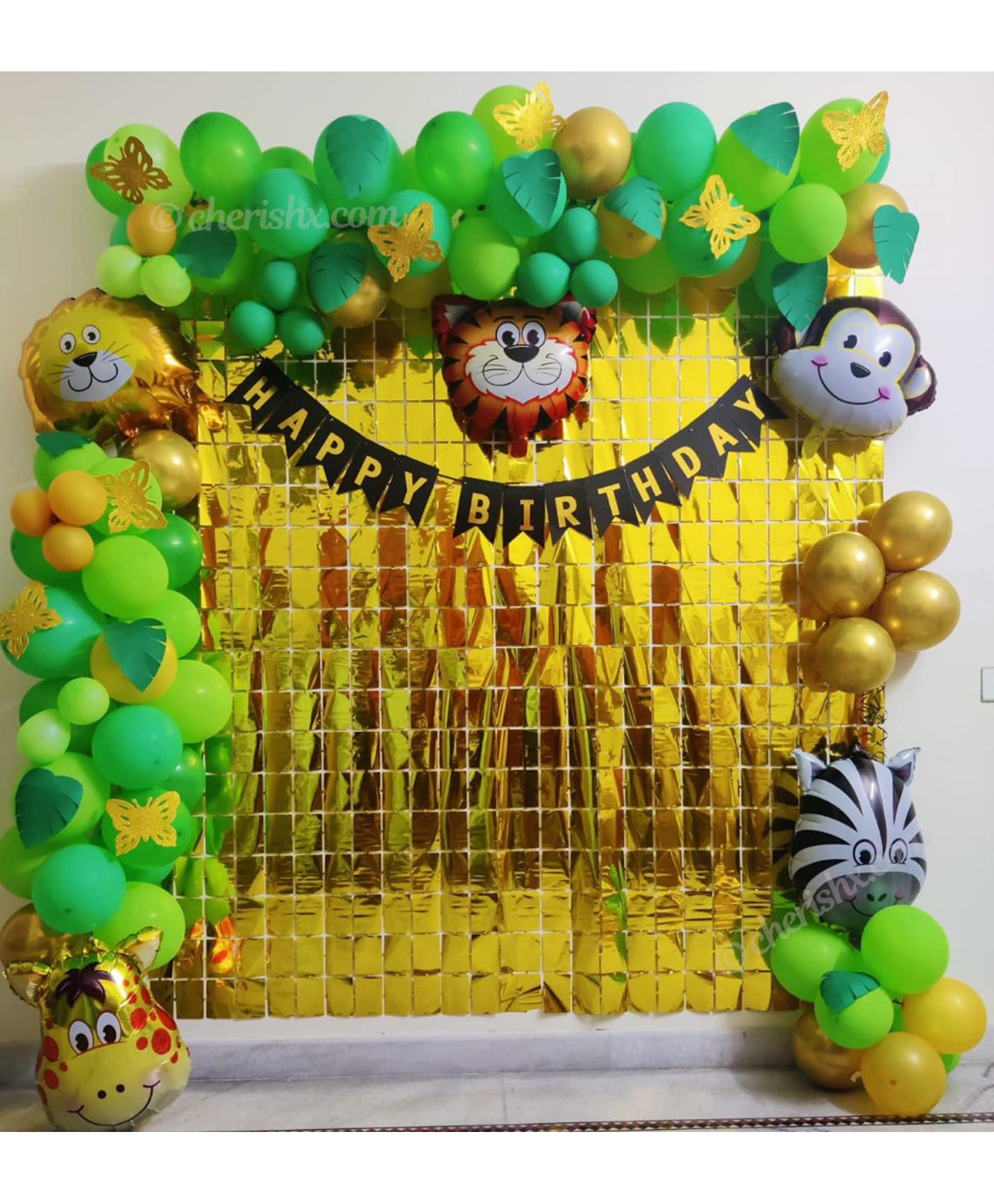 Bubble Trouble Jungle Theme Kids Birthday Decoration Items Bunting Animal Face Foil Balloons Artificial Leaf Arch Tape Balloon Pump Forest Theme Birthday Party - Pack of 93-image-1
