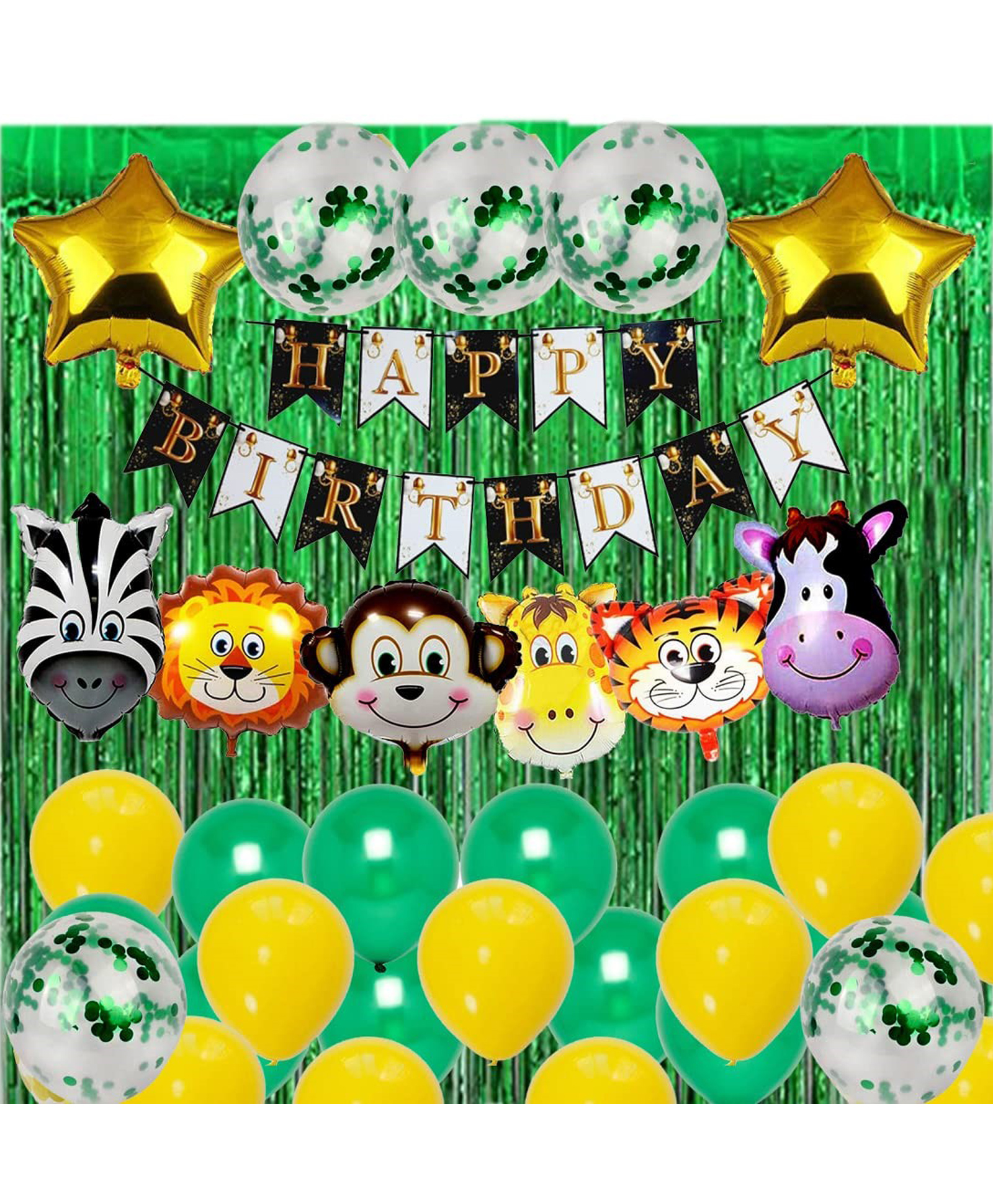 Bubble Trouble 36 Pcs Jungle Safari Theme Birthday Decoration Kit with 6 Animals Face Foil Balloons Happy Birthday Banner & HD Confetti Metallic Balloons Decoration Combo Kit - 36 Pieces-image-37