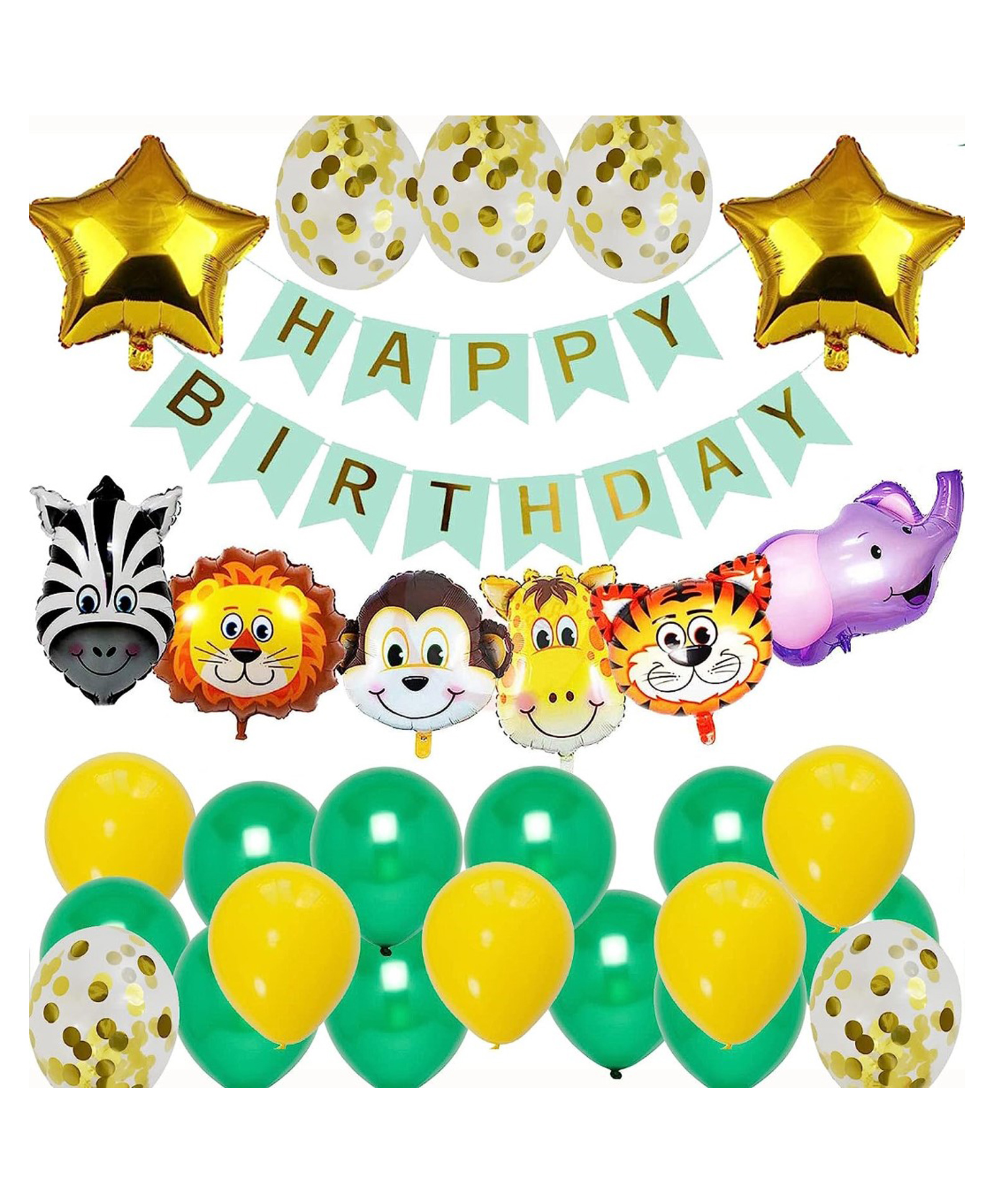 Bubble Trouble Jungle Safari Green Theme Birthday Decoration Kit with Animals Face Foil Balloons - Pack of 29-image-1