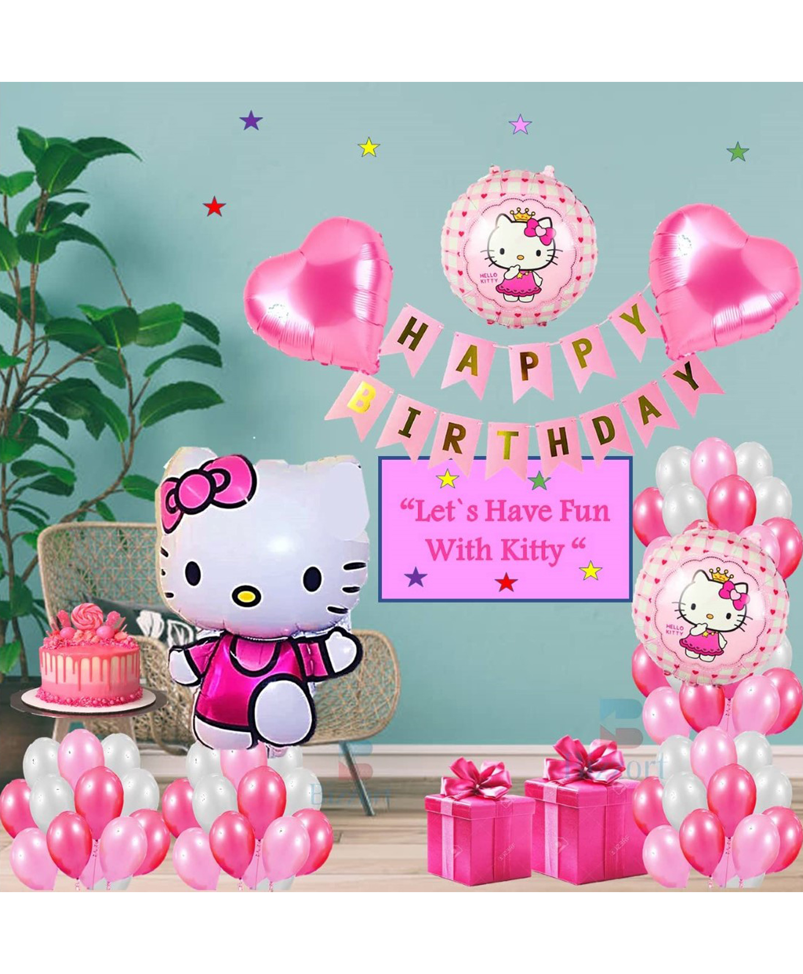 Bubble Trouble Hello Kitty Party Decoration Hello Kitty Foil Balloons 5 Pcs Set 35 Metallic Baloons Happy Birthday Bunting Satin Ribbon Pack of 40- Pink-image-27