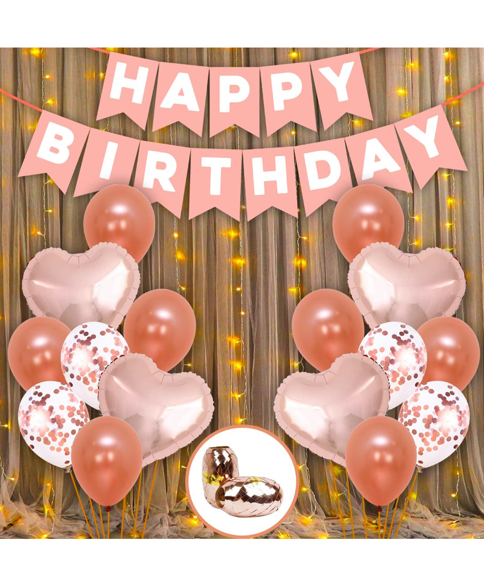 Bubble Trouble Happy Birthday Banner Decoration Kit Pink Combo Set Balloons Decorations Items Combo with Pink Metallic Foil & Confetti Balloons & Net Curtains - 22 Pcs-picture-17