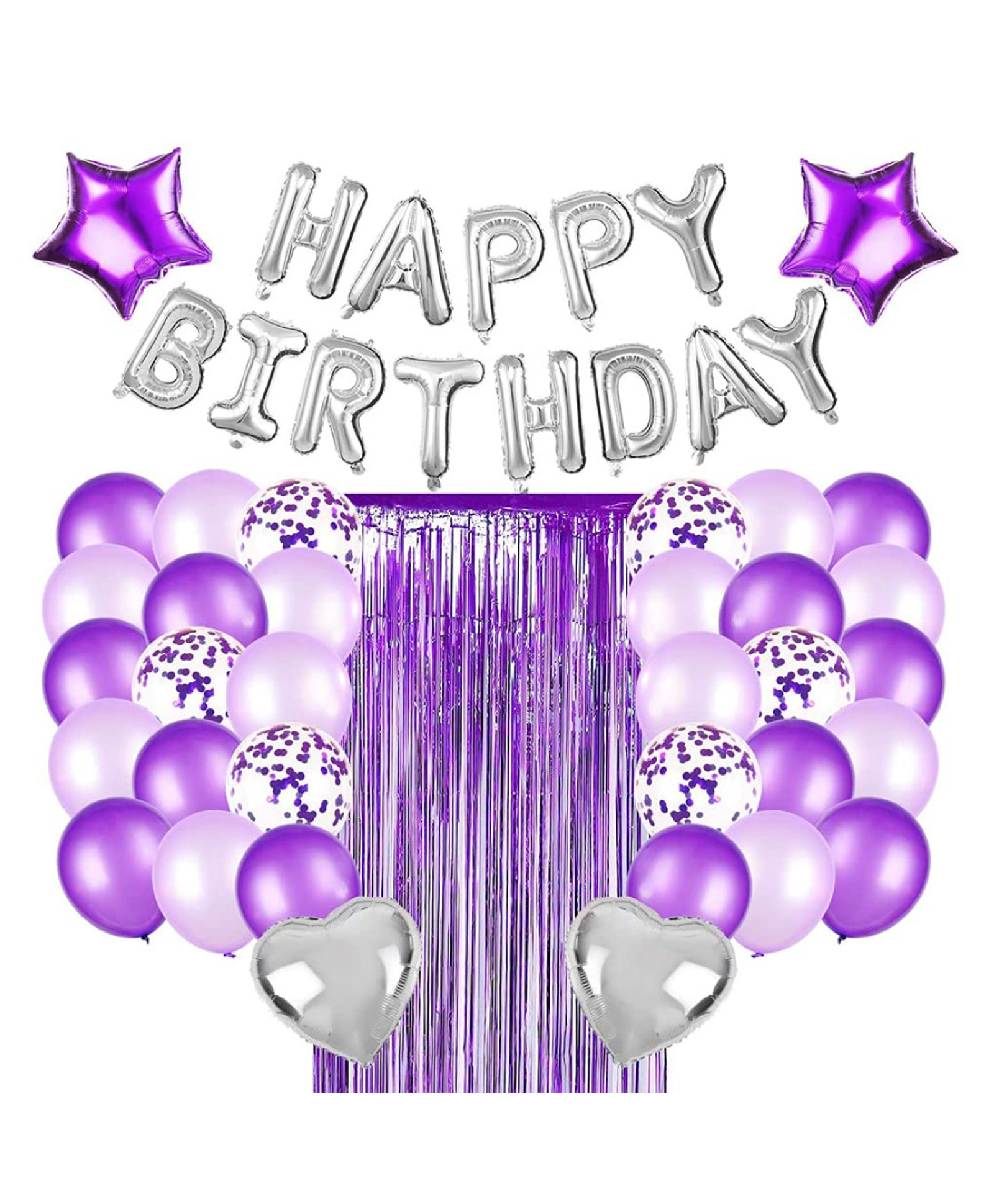 Bubble Trouble Happy Birthday Purple Theme Confetti & Metallic Balloons Heart Star Balloon Foil Fringe Curtain 16th 18th 19th 21st Purple & Silver Theme Birthday Party Kit - 37 Piece-picture-28