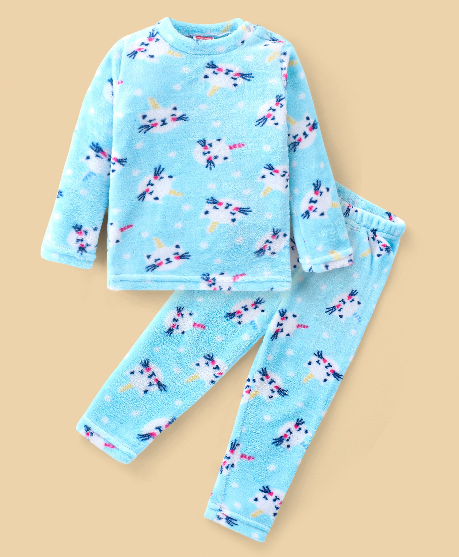 Babyhug Velour Knit Full Sleeves Winter Night Suit Kitty Print - Blue-image-12