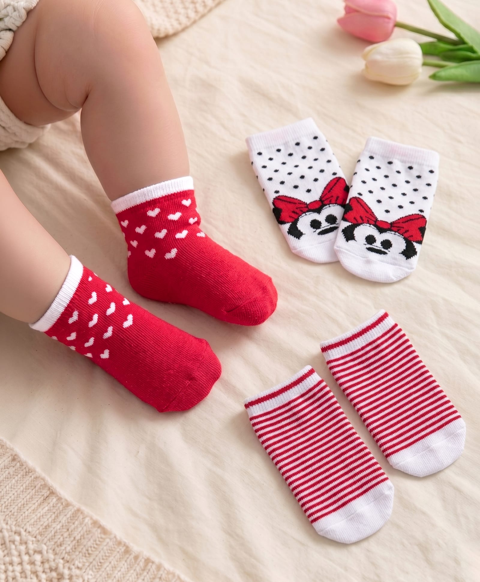 Cute Walk Disney by Babyhug Anti Bacterial Ankle Length Non Terry Socks Mickey Design Pack of 3 - Red & White-image-30