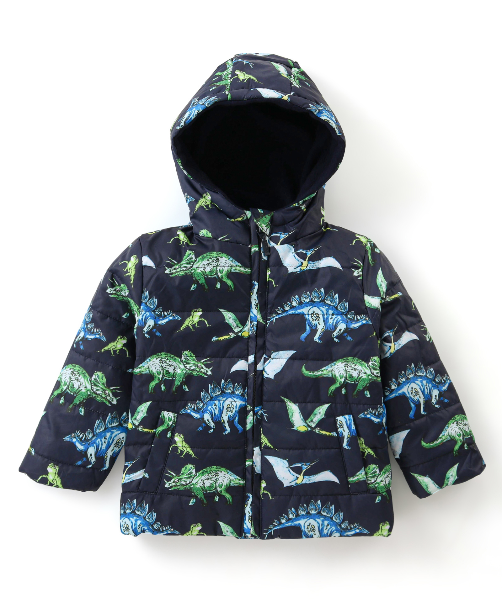 Babyhug Full Sleeves Hooded Padded Quilted Jacket Dino Print -  Navy Blue-picture-12