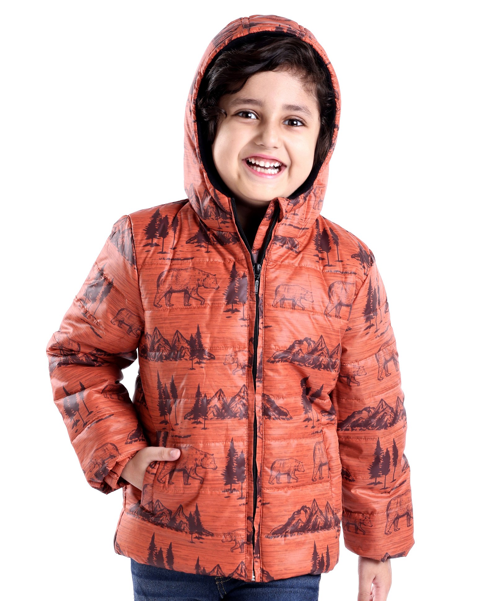 Babyhug Full Sleeves Hoodie Mountain Print - Orange-image-19