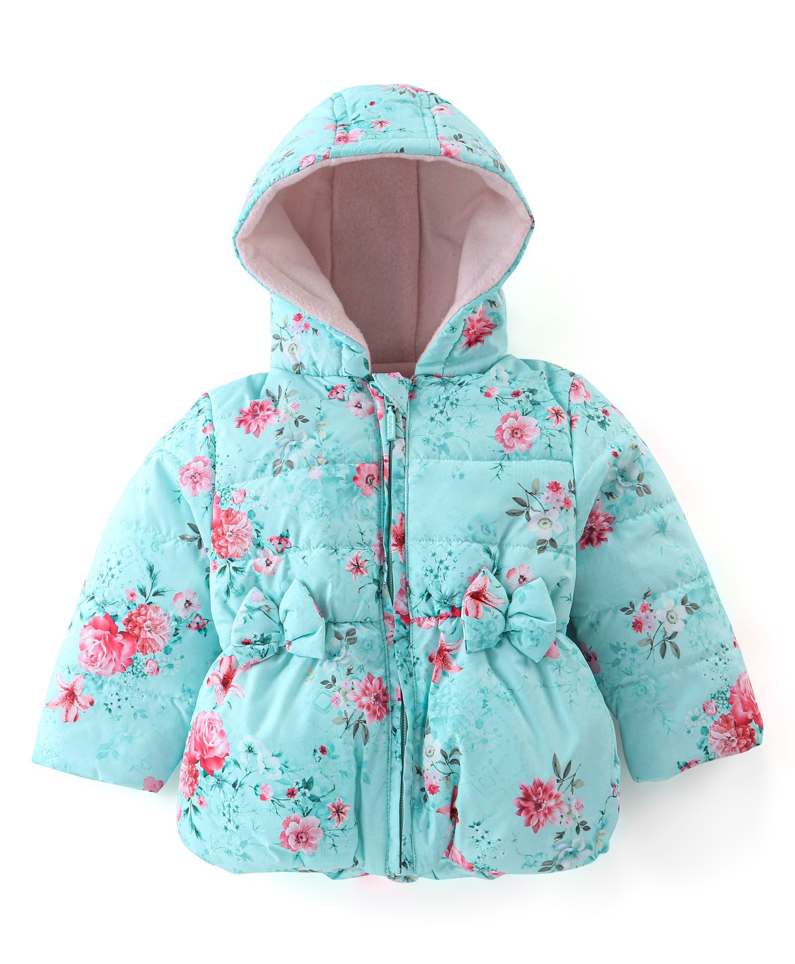 Babyhug Woven Full Sleeves Hooded Jacket with Bow Floral Print - Aqua Blue-image-44