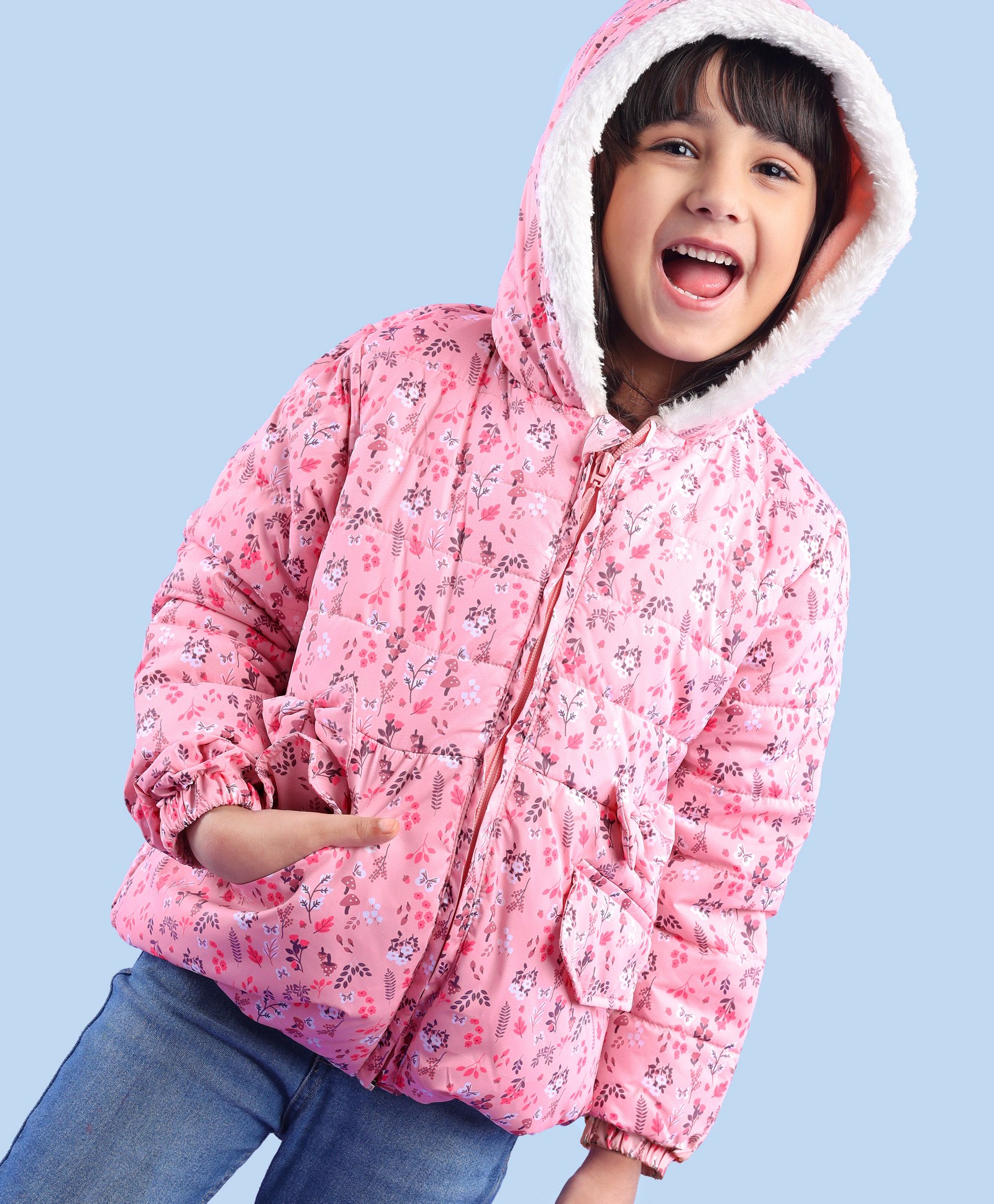 Babyhug Full Sleeves Hooded & Padded Jacket With Bow Applique Floral Print- Pink-picture-22
