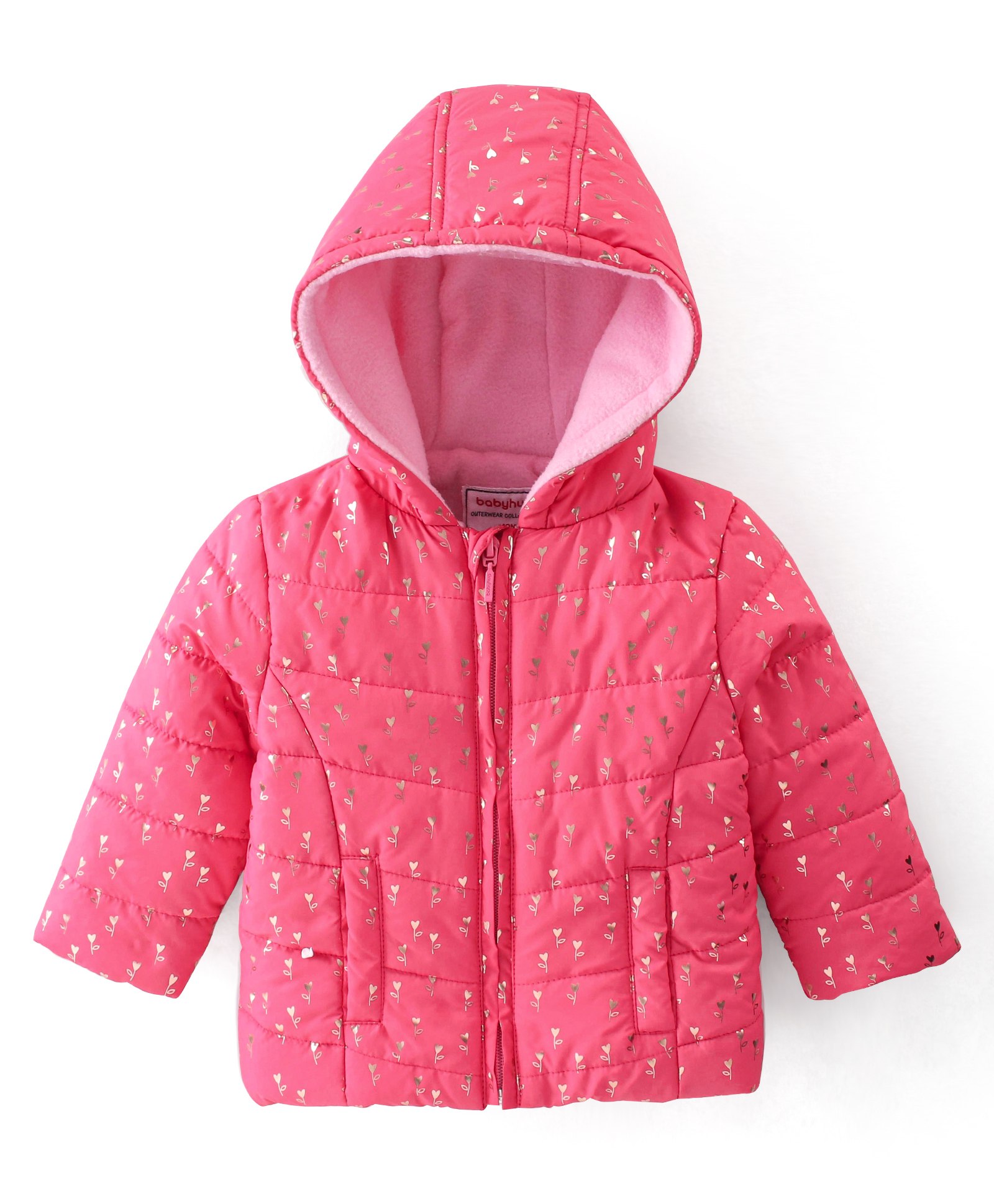Babyhug Woven Full Sleeves Hooded Quilted Jacket Floral Print - Pink-picture-16