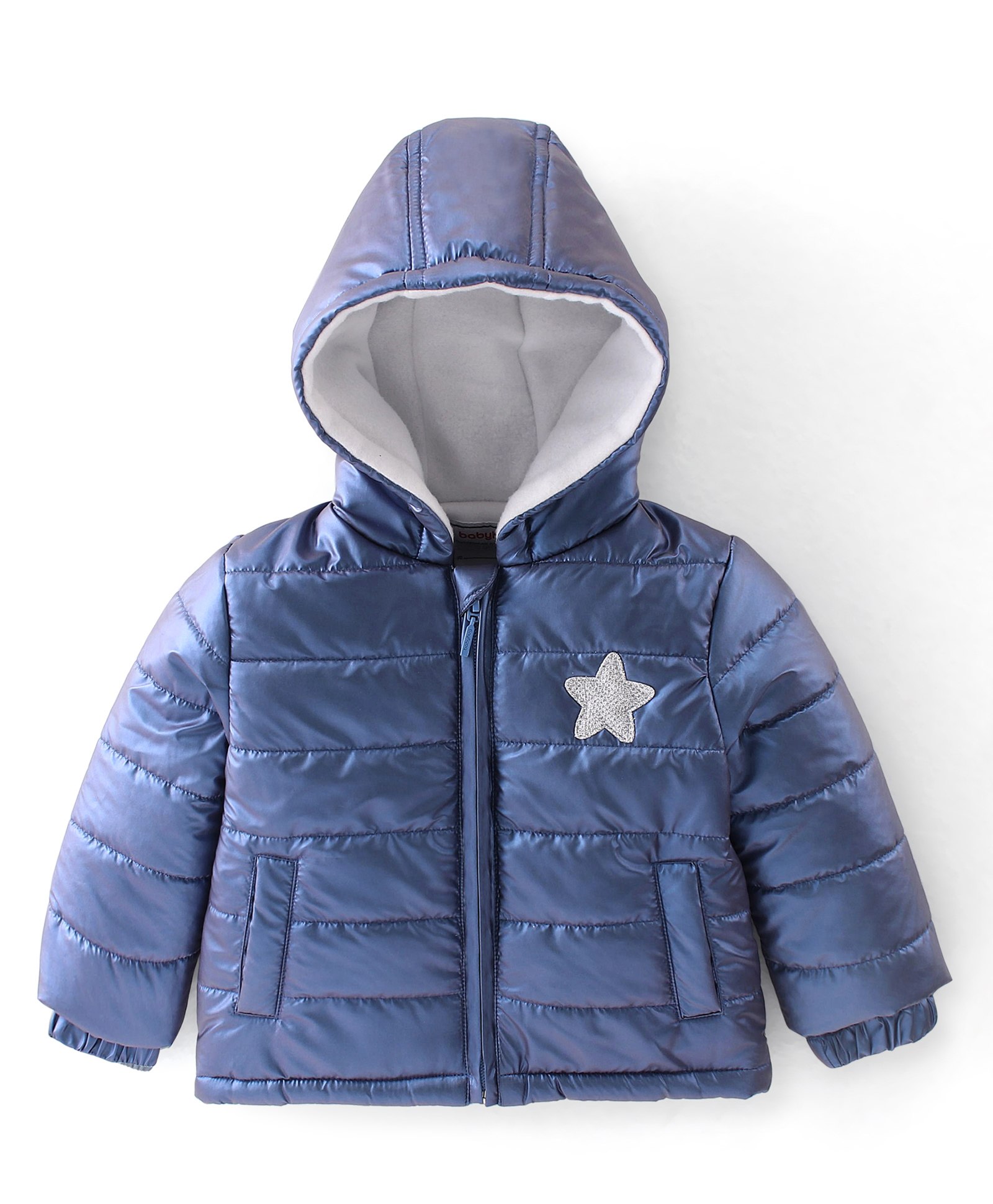 Babyhug Full Sleeves Star Patch Padded Hooded Jacket - Blue-image-18