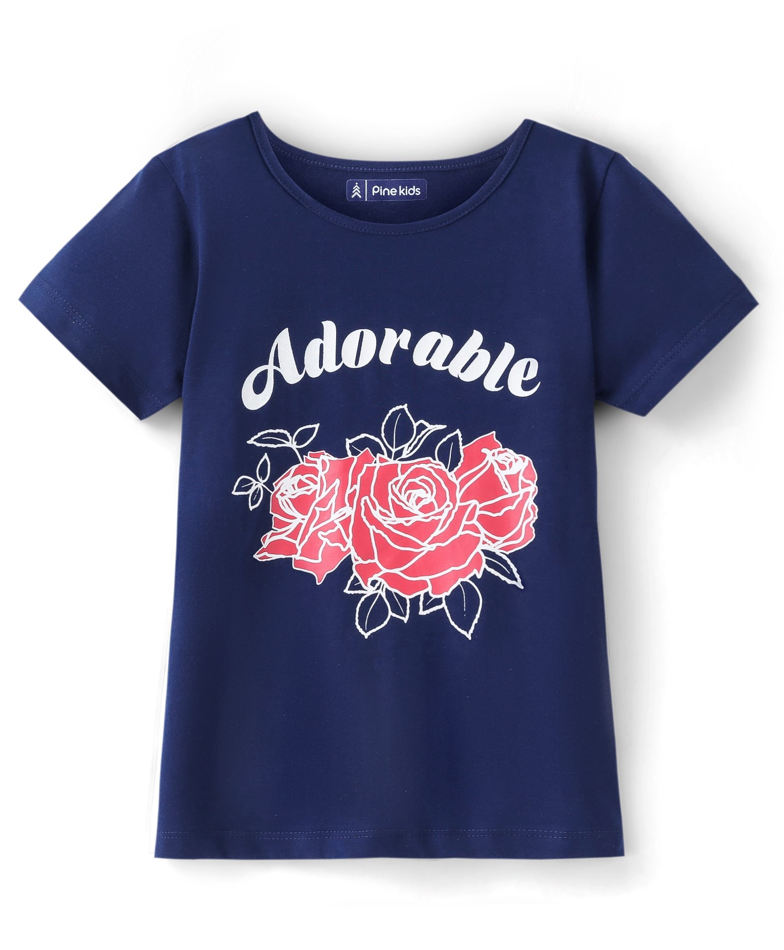 Pine Kids Cotton Biowashed Half Sleeve T-Shirt With Text & Rose Print - Navy Blue-image-16