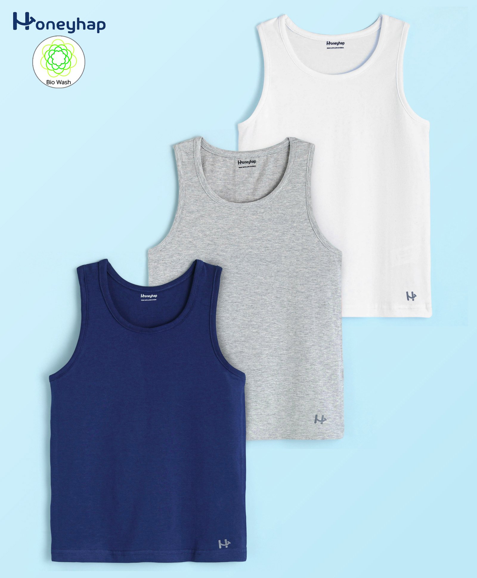 Honeyhap Premium Cotton Stretchable Solid Soft Sleeveless Vests with Silvadur Antimicrobial Finish Pack of 3 - Navy Peony Bright White & Grey Melange-image-26