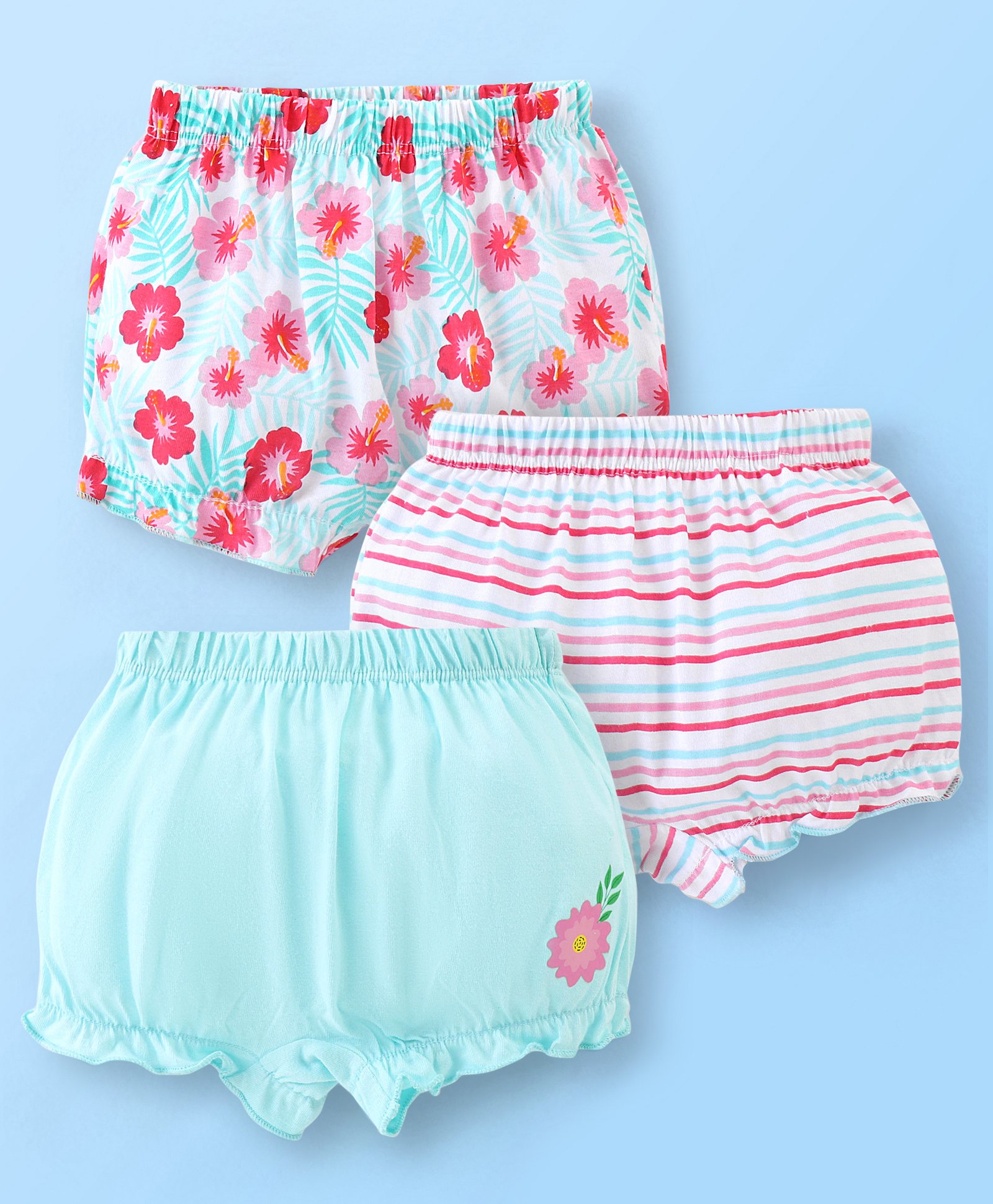 Babyhug Single Jersey Striped & Floral Printed Bloomer Pack of 3 - Blue & Pink-image-24