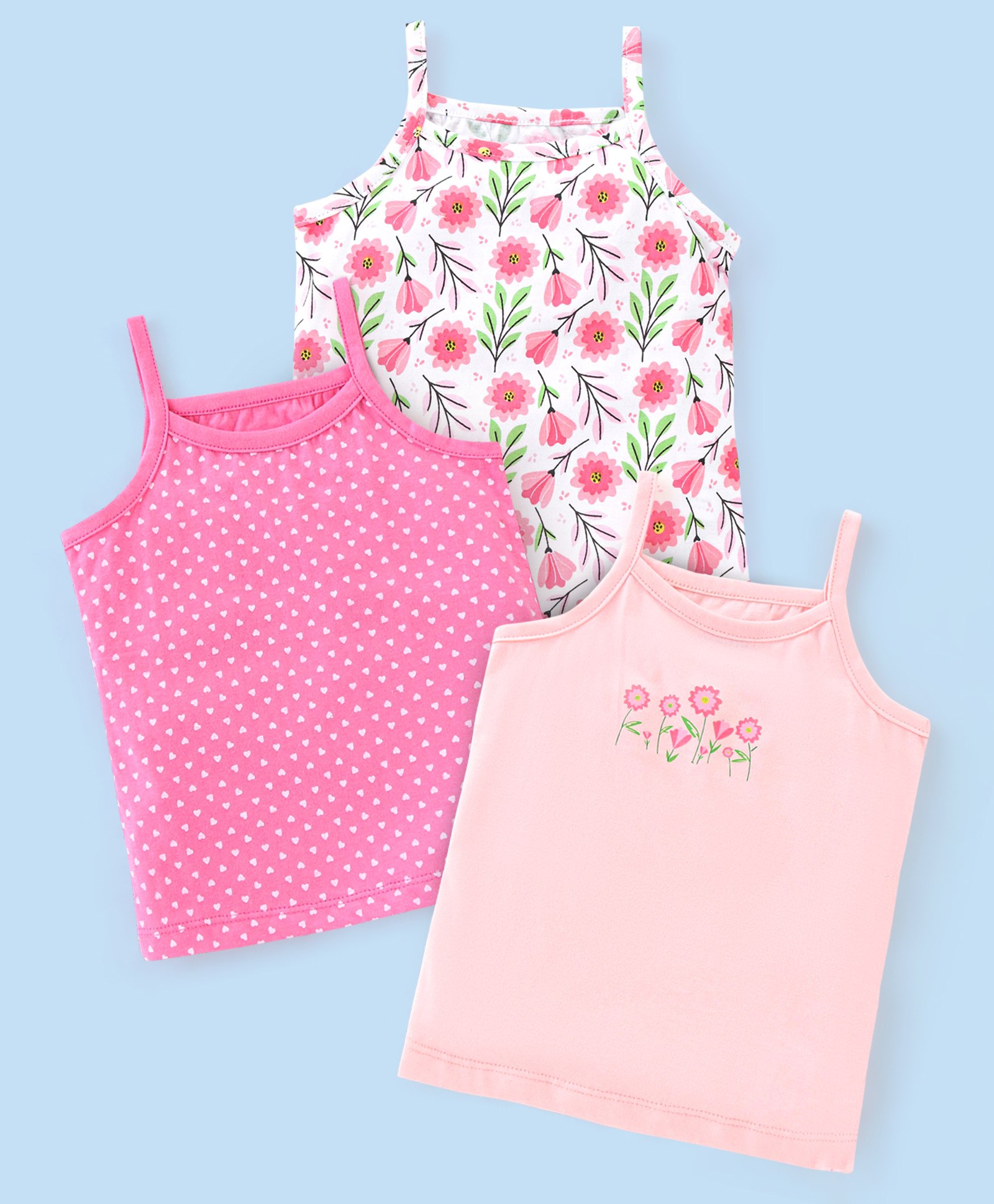 Babyhug 100% Cotton Sleeveless Slips Pack Of 3 - Pink White & Blue-image-14