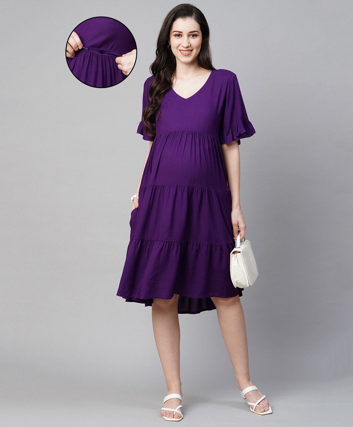 MomToBe Half Sleeves Solid Tiered Maternity Dress With Concealed Zipper Nursing Access - Purple-image-43