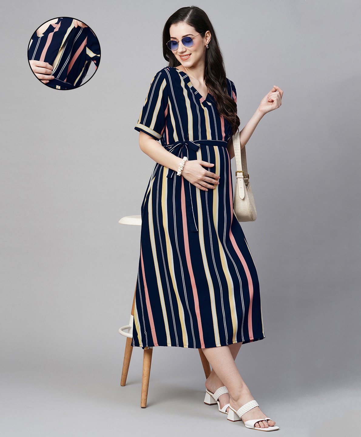 MomToBe Half Sleeves Striped Rayon Maternity Dress - Blue-image-45