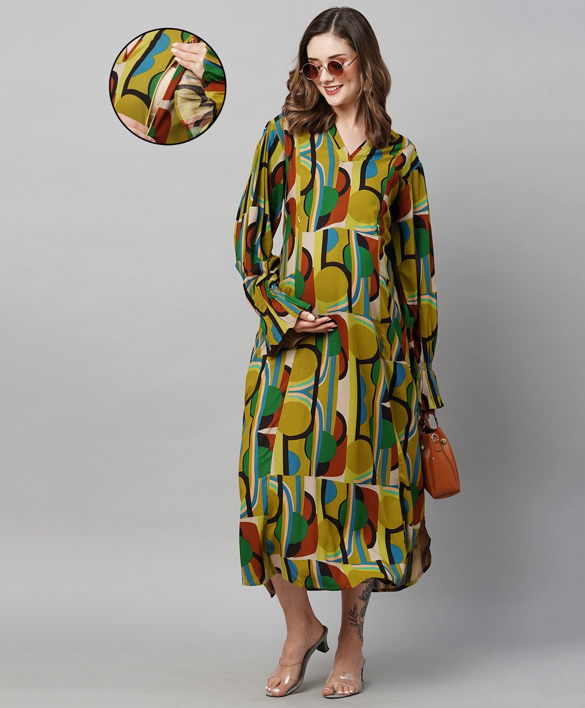 MomToBe Full Sleeves Abstract Motif Printed Maternity Dress - Green-picture-15