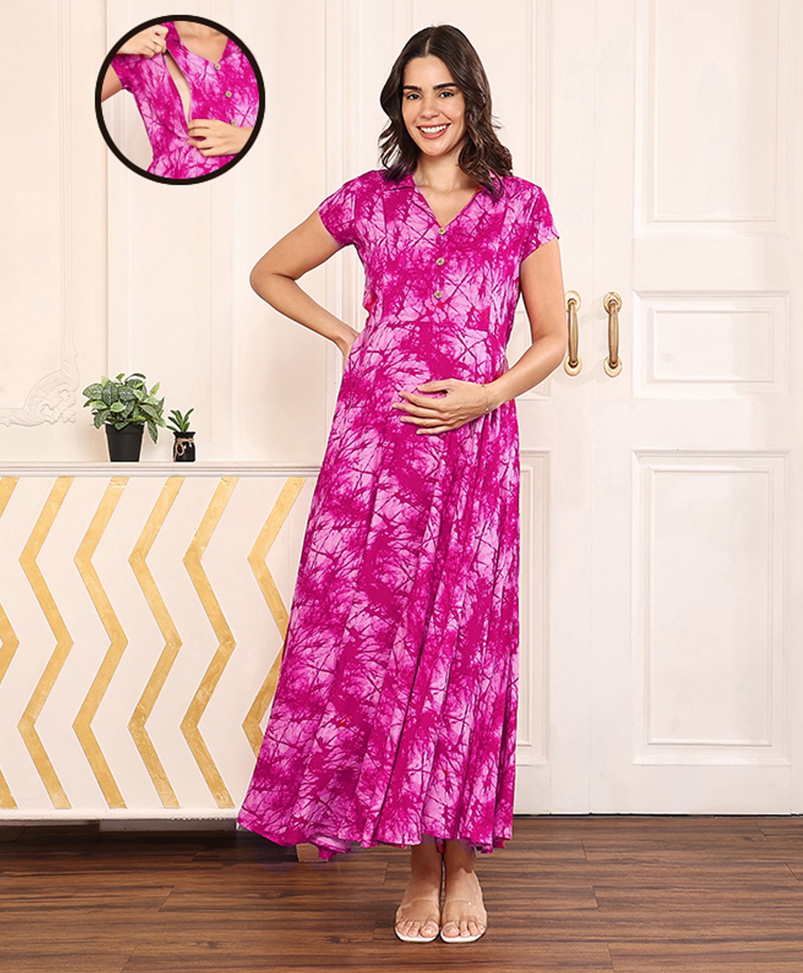 MomToBe Half Sleeves Tie & Dye Rayon Maternity Dress - Pink-image-33
