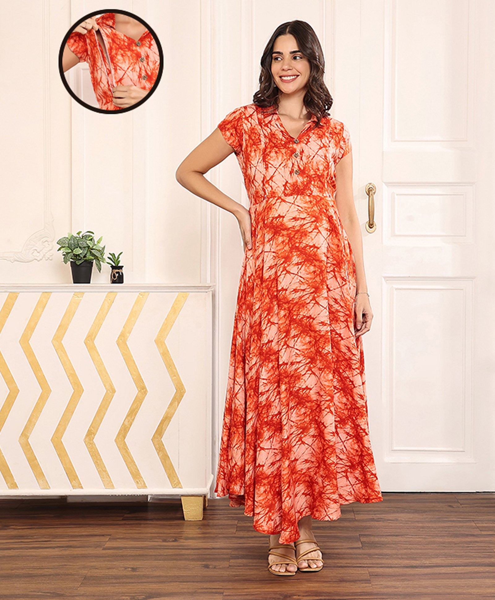 MomToBe Half Sleeves Tie & Dye Rayon Maternity Dress - Ginger Orange-image-1