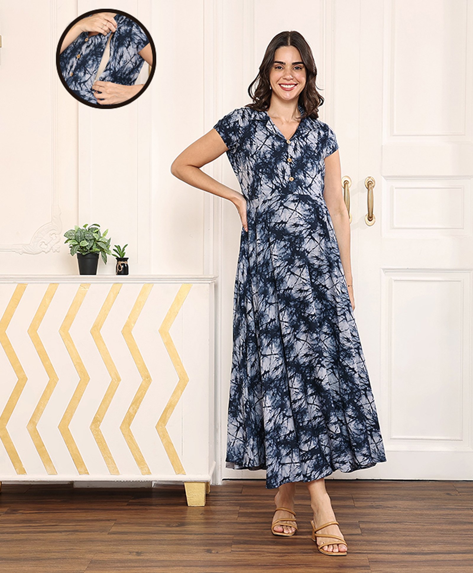 MomToBe Half Sleeves Abstract Printed Maternity Dress - Navy Blue