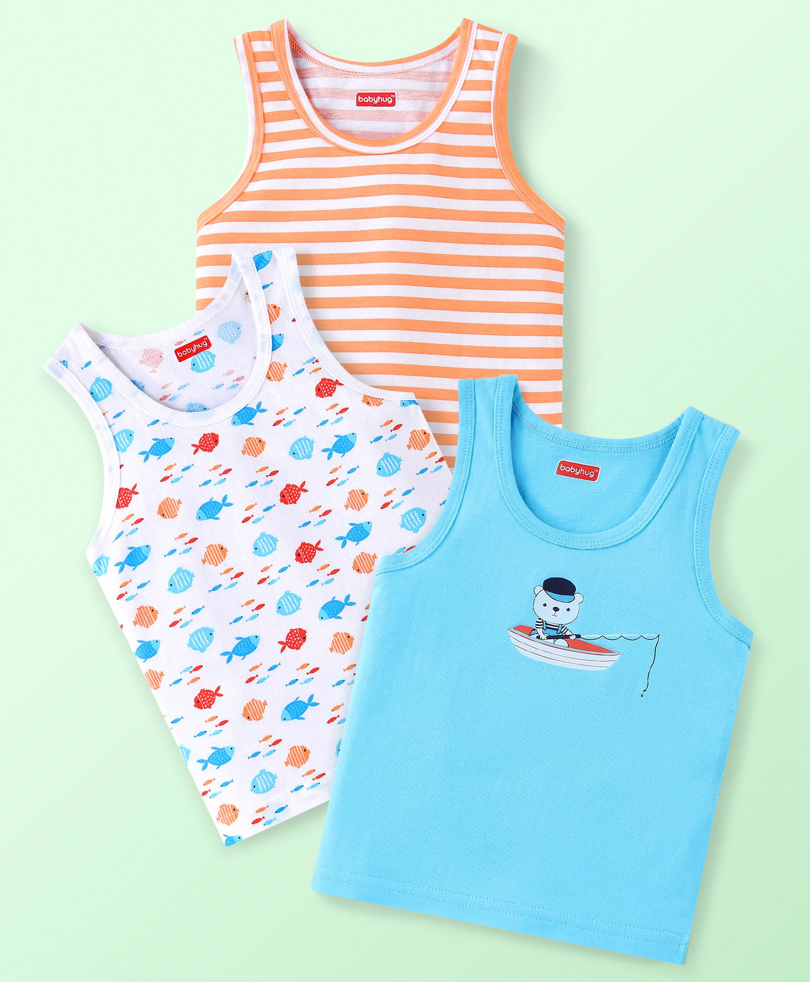 Babyhug 100% Cotton Knit Sleeveless Striped & Fish Printed Sando Pack of 3 - Multicolour