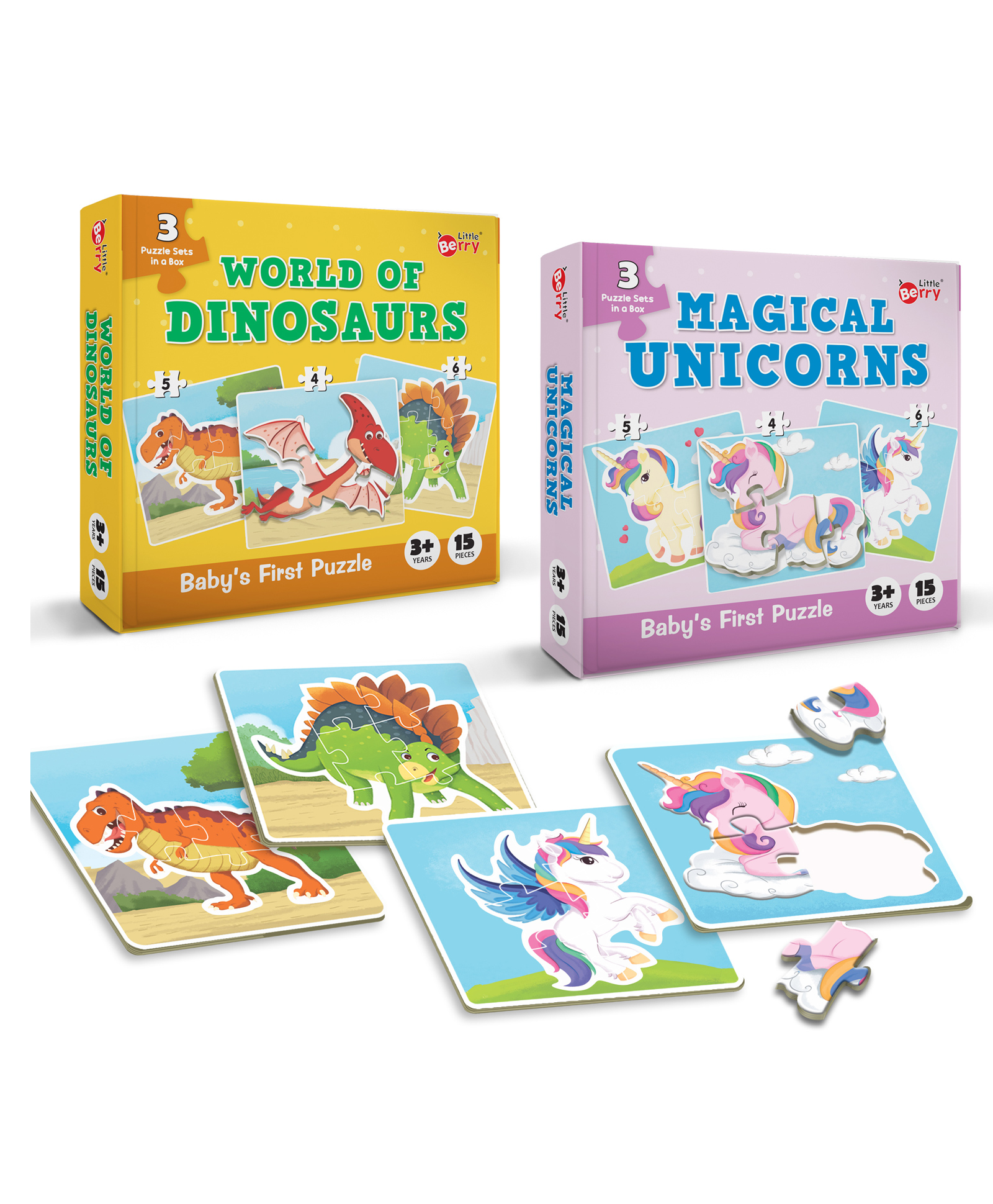 Little Berry Babys First Jigsaw Puzzle Set of 2 World of Dinosaurs and Magical Unicorns - 15 Puzzle Pieces Each-image-36