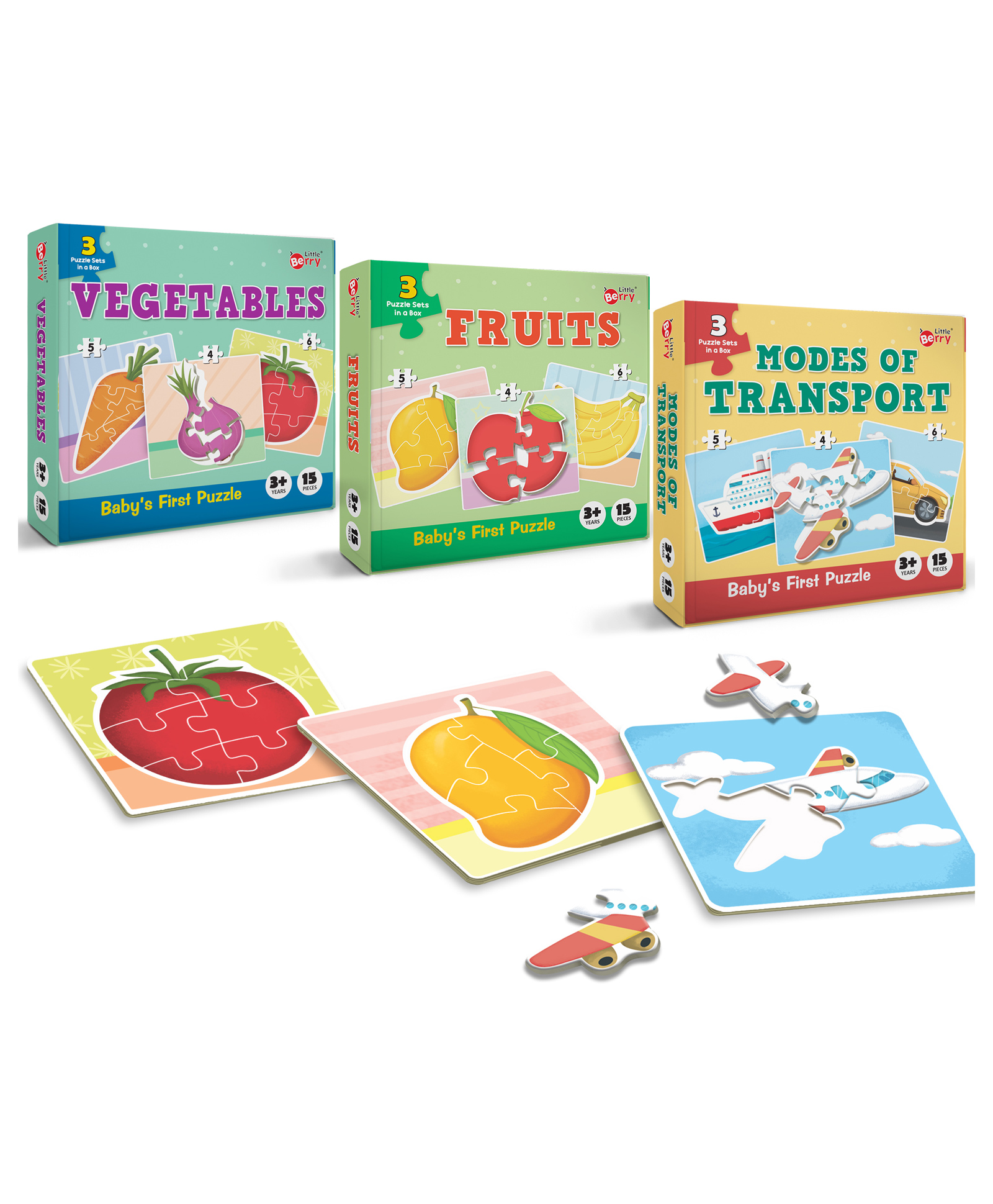 Little Berry Baby's First Jigsaw Puzzle Set of 3 for Kids: Fruits, Vegetables & Modes of Transport - 15 Puzzle Pieces Each-image-25
