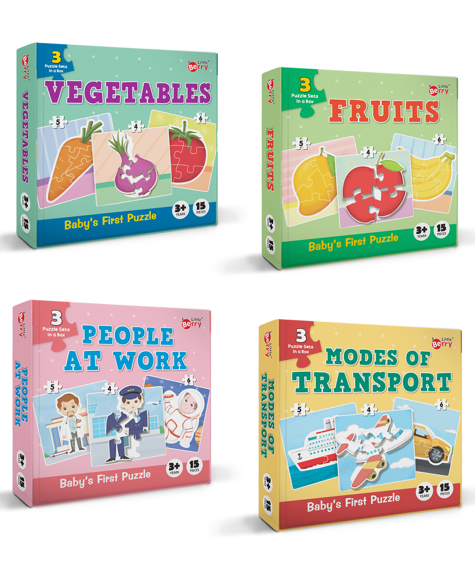 Little Berry Babys First Jigsaw Puzzle Set of 4 for Kids Fruits Vegetables People At Work & Modes of Transport - 15 Puzzle Pieces Each-image-24
