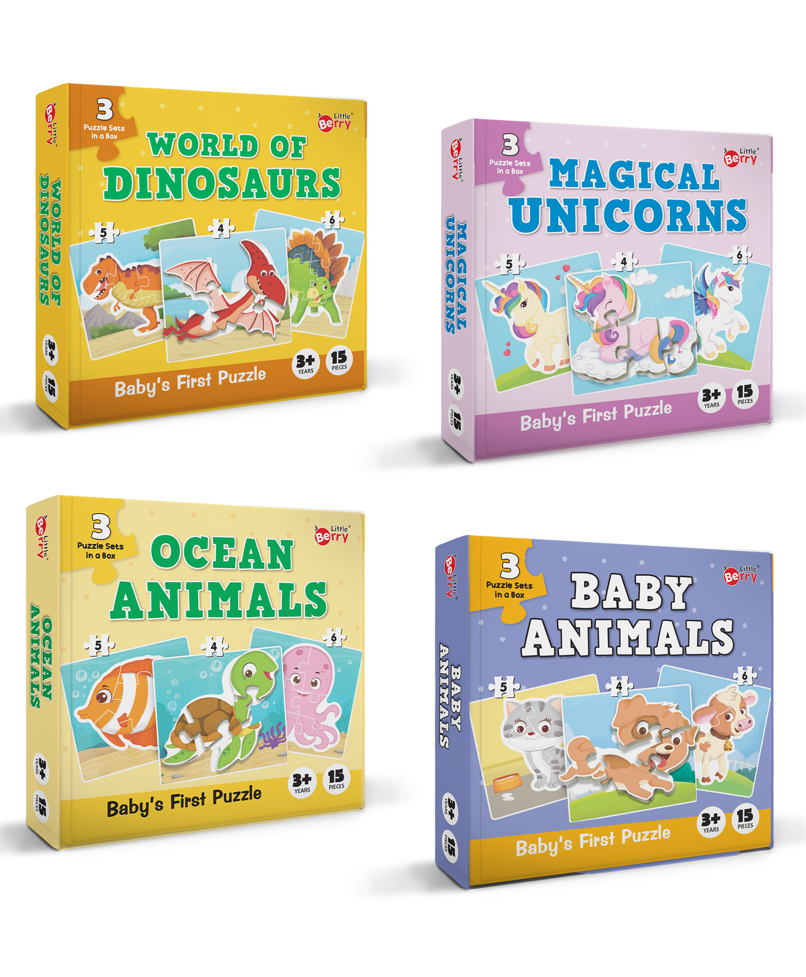 Little Berry Babys First Jigsaw Puzzle Set of 4 for Kids Baby Animals Ocean Animals World of Dinosaurs & Magical Unicorns - 15 Pieces Each-image-35