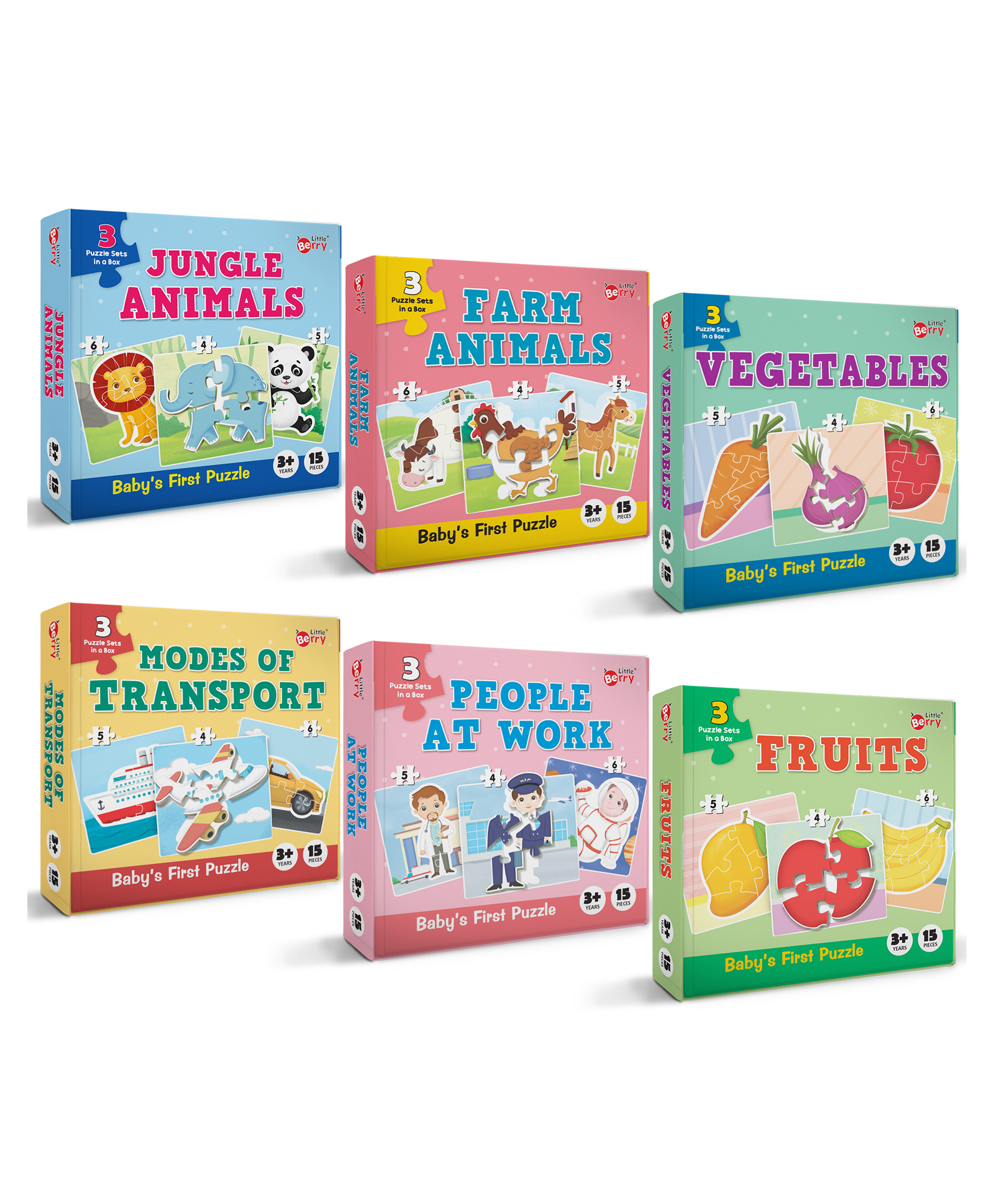 Little Berry Baby's First Jigsaw Puzzle Set of 6 for Kids Professions, Transport Fruits Vegetables and Animals - 15 Puzzle Pieces Each-picture-24