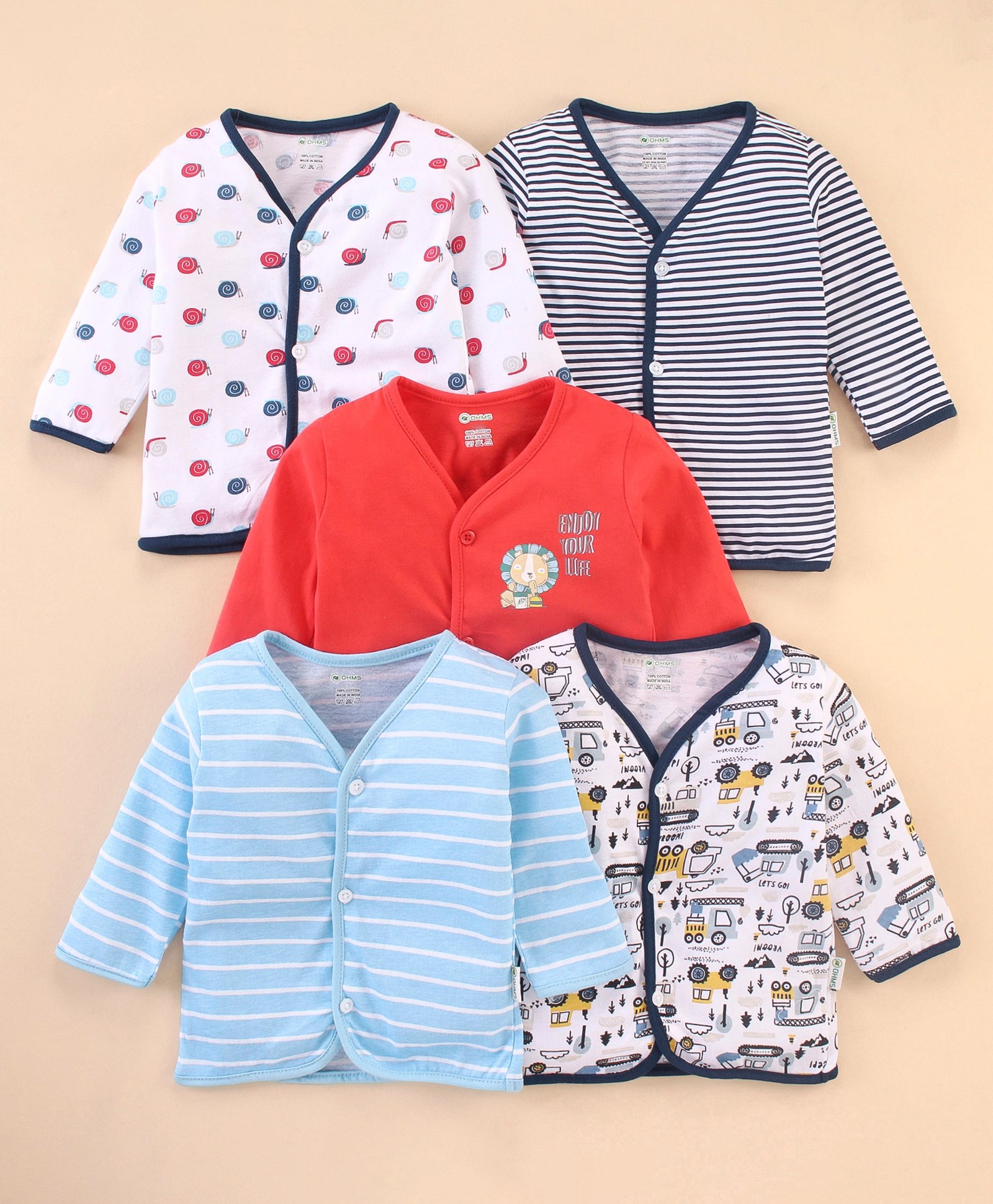 Ohms Single Jersey Full Sleeves Set Of Vests Striped Print Pack Of 5 - Blue Red & White-image-41