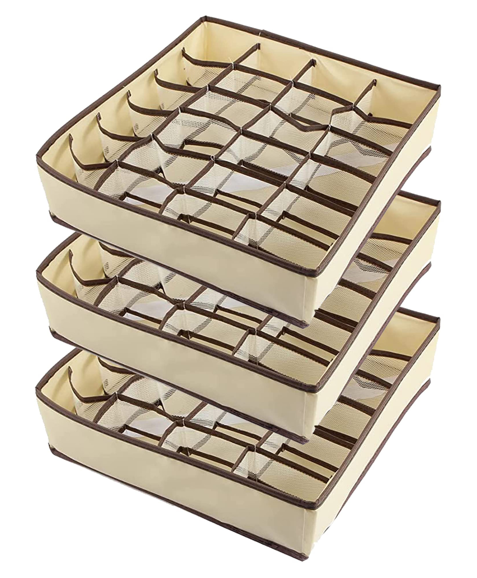 House of Quirk 3 Pack Closet Socks Organizer Drawer Divider with 24 Cell Collapsible Closet Cabinet Organizer  - Beige-image-2