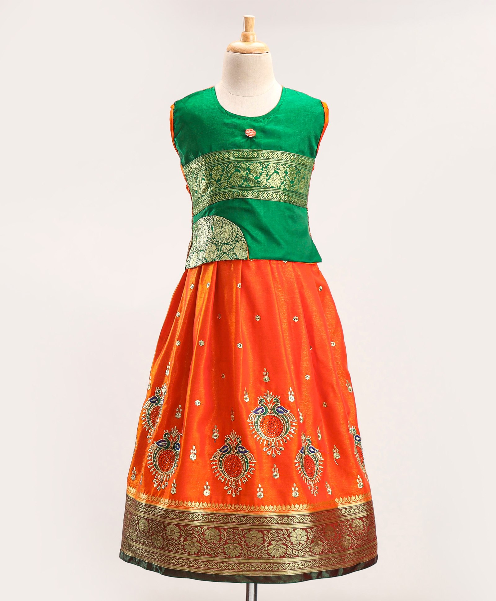 Bhartiya Paridhan Silk Sleeveless Gota Patti & Embroidered Choli & Lehenga Set - Orange & Green-image-16