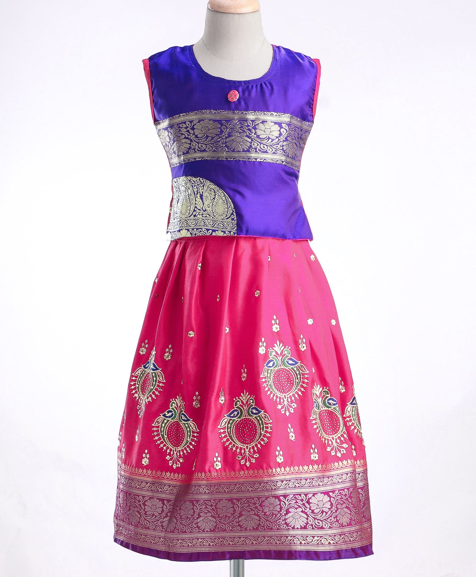 Bhartiya Paridhan Silk Sleeveless Gota Patti & Embroidered Choli & Lehenga Set - Pink & Blue-image-5