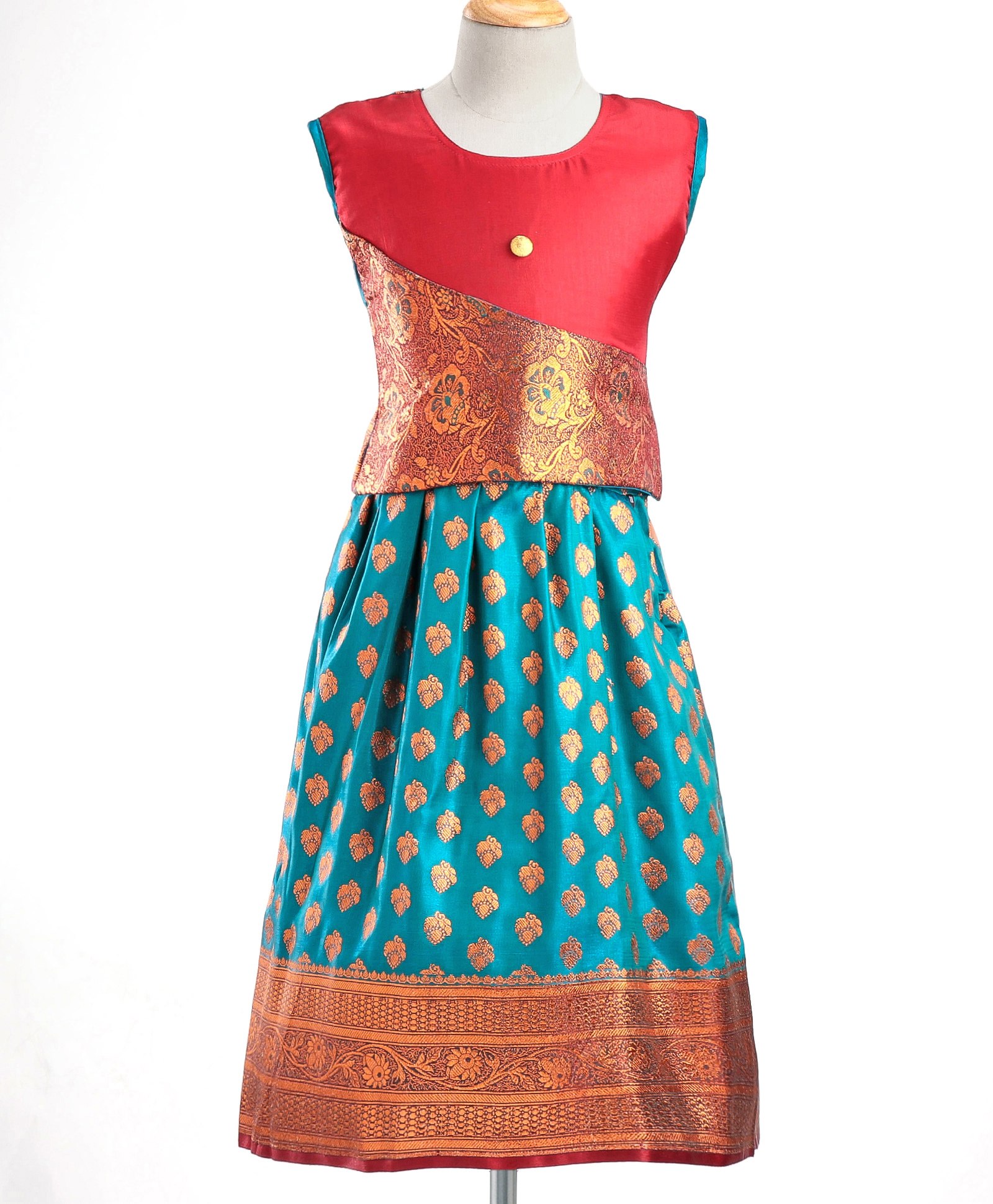 Bhartiya Paridhan Silk Sleeveless Gota Patti & Embroidered Choli & Lehenga Set - Firozi Blue & Red-image-21