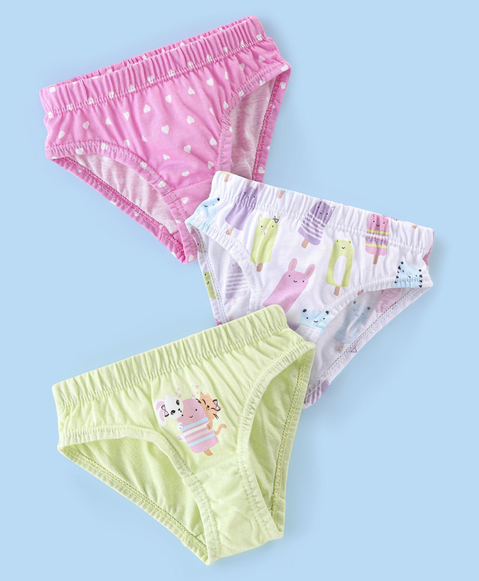 Babyhug 100% Cotton Panties Heart & Popsicle Print Pack of 3- Pink Green & White-image-40