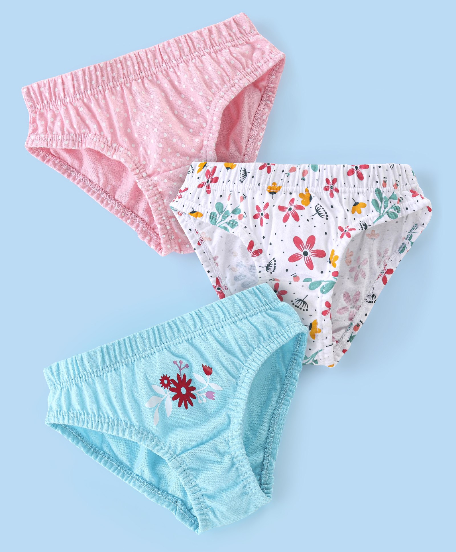 Babyhug 100% Cotton Panties Dot & Floral Print Pack of 3- Pink Blue & White-image-46