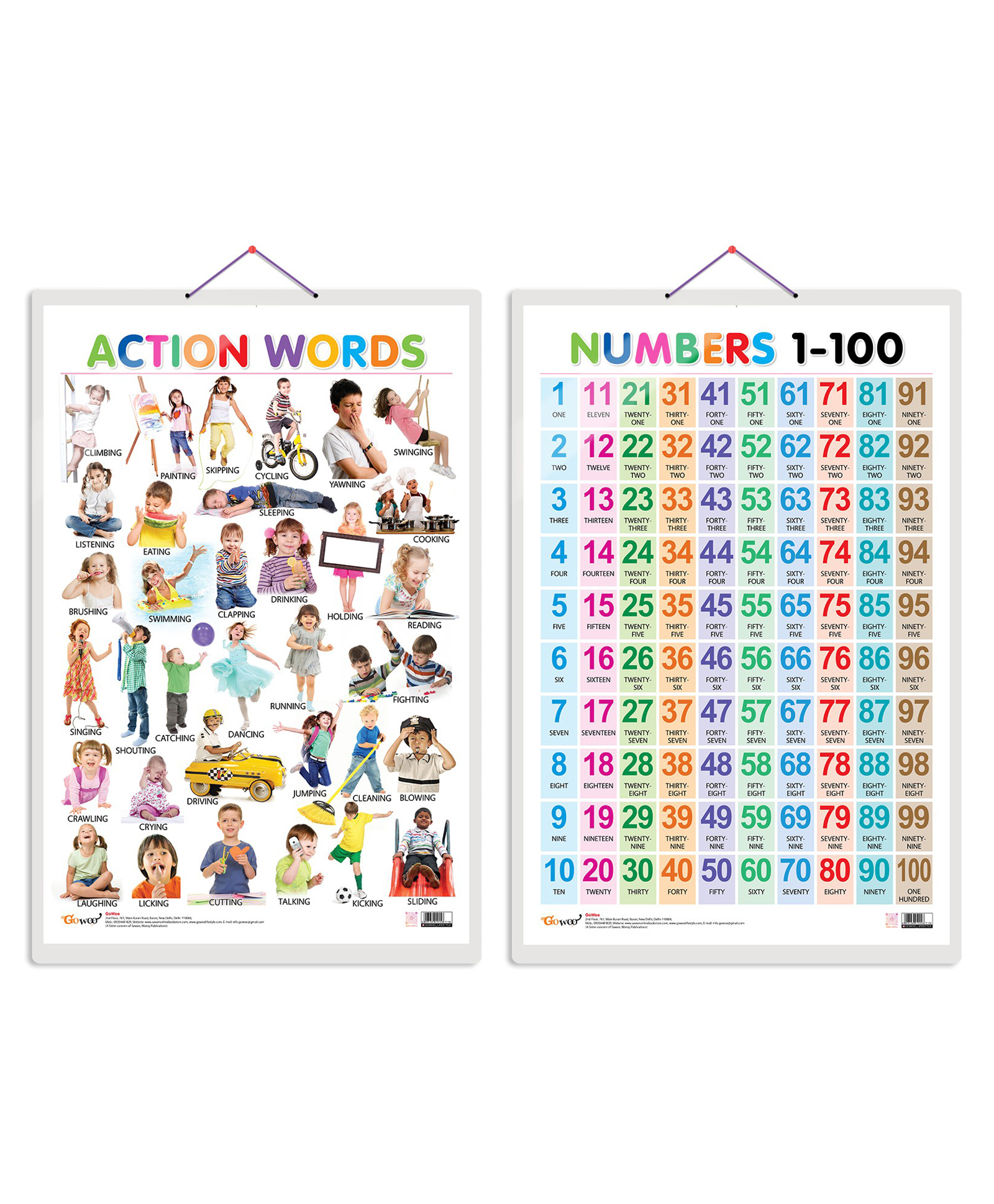 gowoo GO WOO  Set of 2 Action Words and Numbers 1-100 Early Learning Educational Charts for Kids 20"X30" inch Non-Tearable and Waterproof Double Sided Laminated Perfect for Homeschooling, Kindergarten and Nursery Students-picture-26