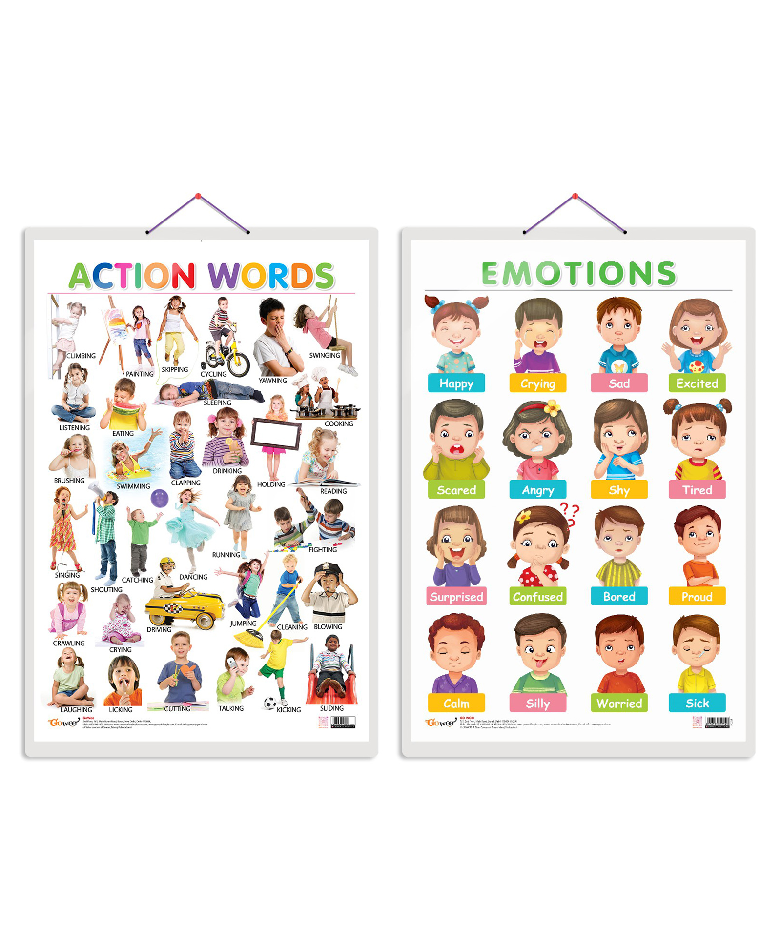 GO WOO  Set of 2 Action Words and EMOTIONS Early Learning Educational Charts for Kids 20X30 inch Non-Tearable and Waterproof  Double Sided Laminated Perfect for Homeschooling, Kindergarten and Nursery Students-image-2