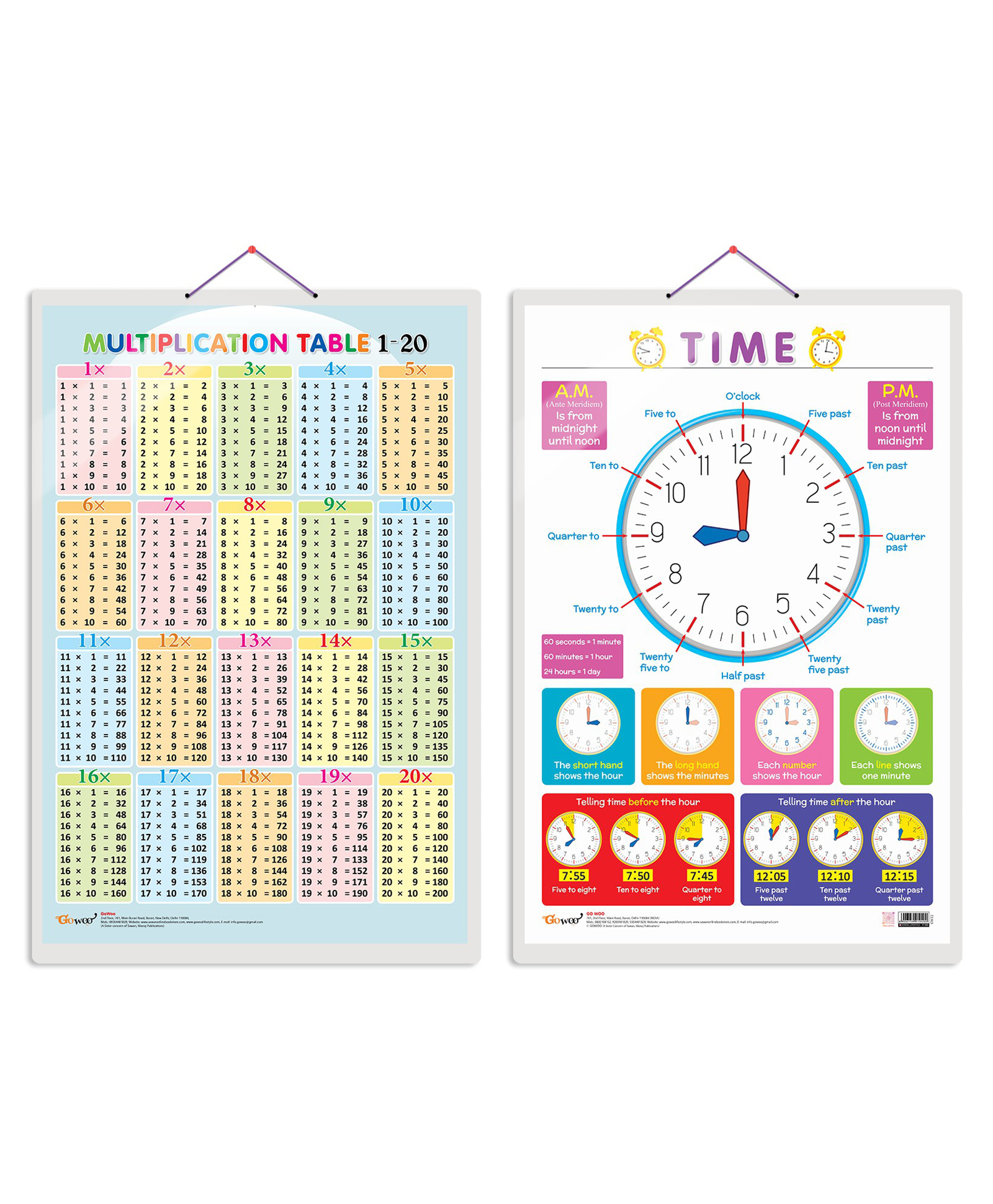 gowoo Set of 2 Multiplication Table 1-20 and Time Early Learning Educational Charts Non-Tearable & Waterproof Double Sided Laminated - English-picture-16