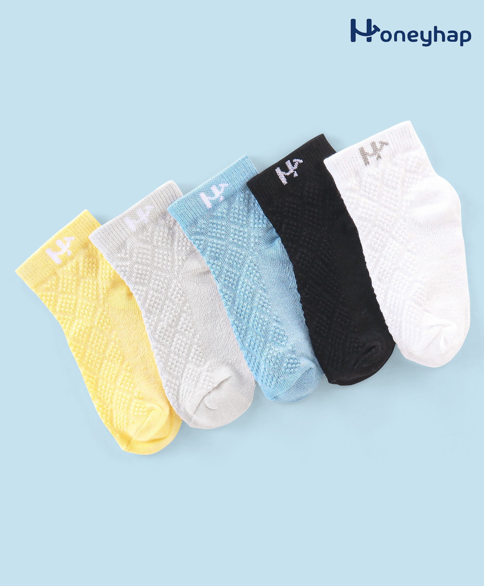 Honeyhap Premium Cotton Bamboo Non Terry Ankle Length Solid Colour Socks Pack of 5 - Black  White Atomizer Gloden Haze &  Ecru Melange-image-29