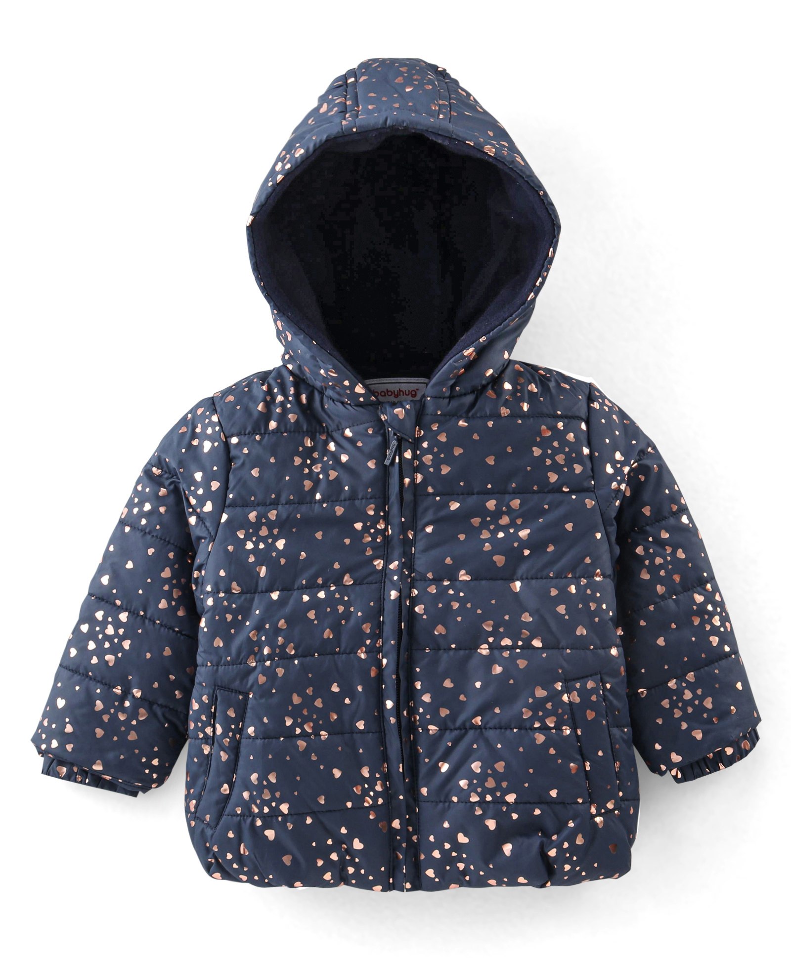 Babyhug Woven Full Sleeves Hooded Quilted Jacket Heart Print - Navy Blue-picture-17