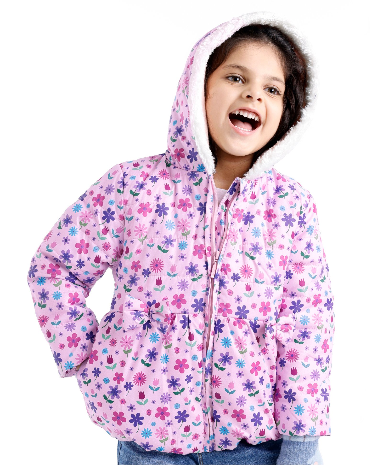 Babyhug Full Sleeves Woven Hoodie with Pockets Floral Print - Pink-image-43