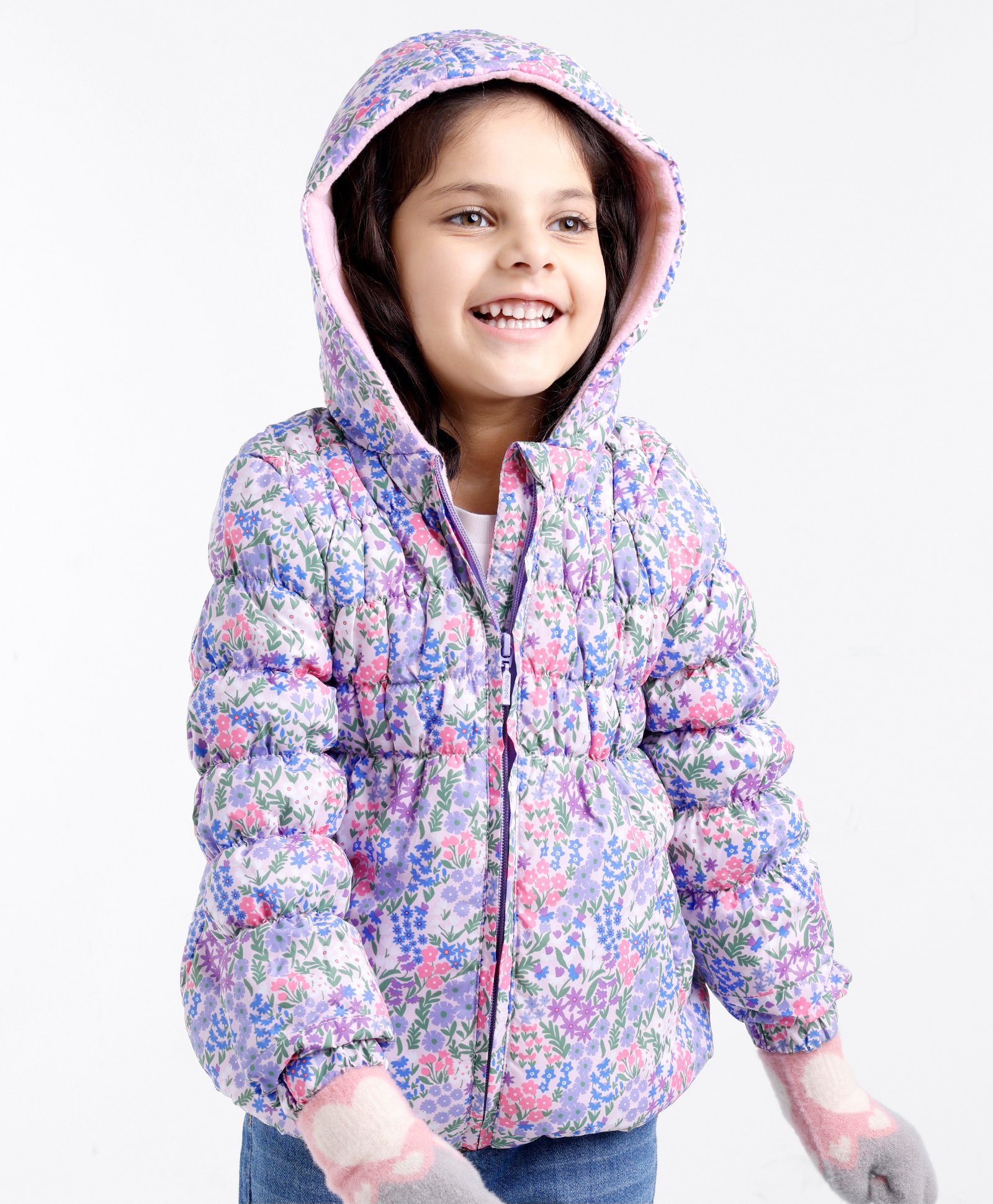 Babyhug Full Sleeves Woven Hoodie with Pockets Floral Print - Pink & Purple-image-42