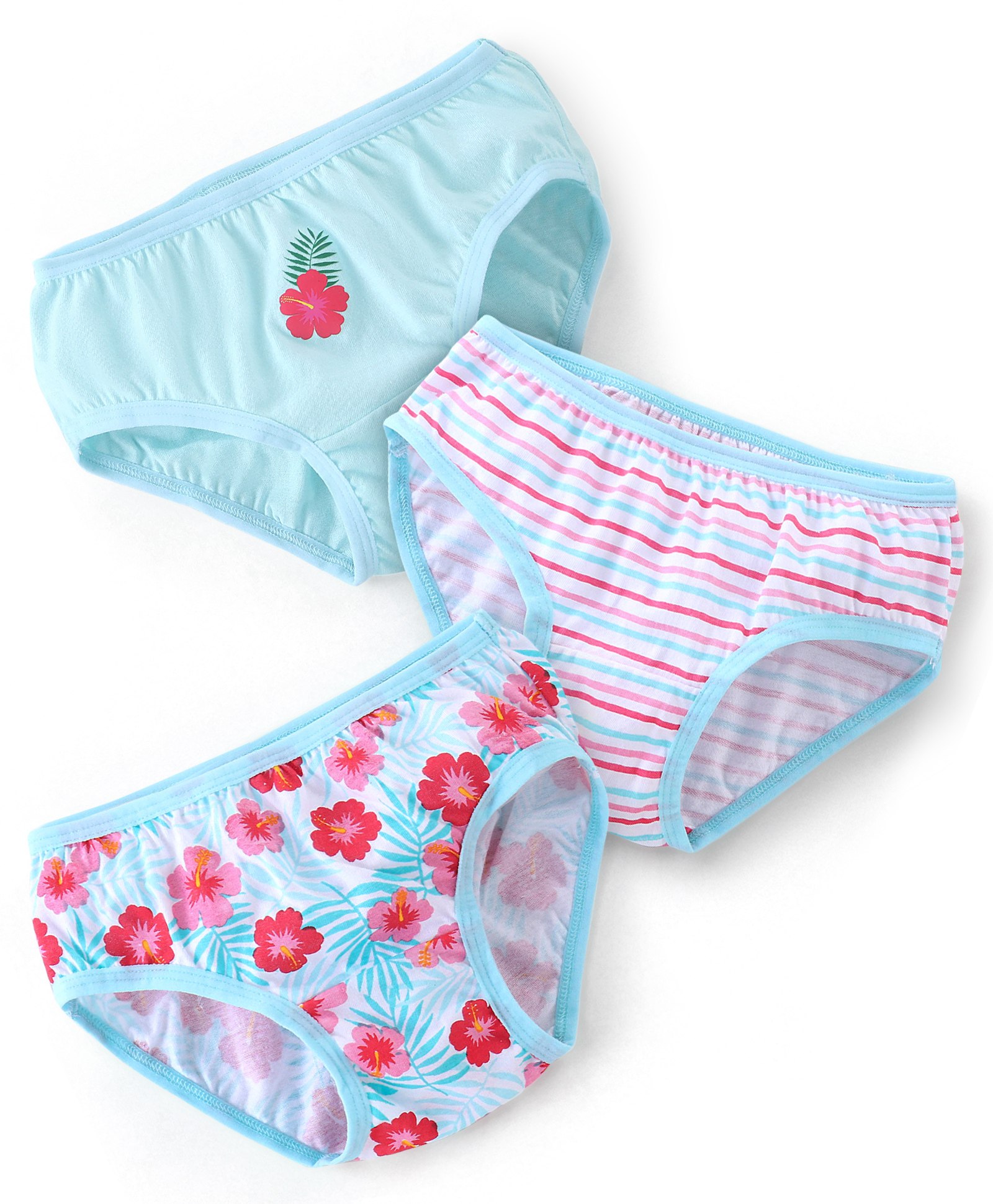 Babyhug 100% Cotton Knit Panties Stripes & Floral Print Pack of 3 - Blue White & Pink-image-35