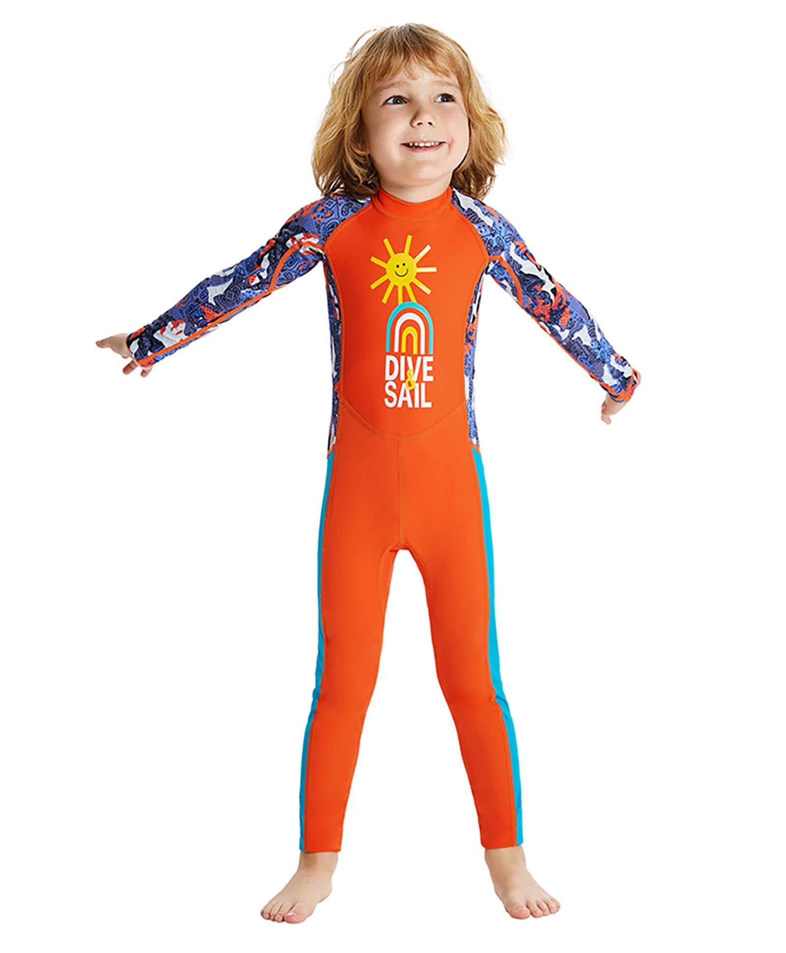 Little Surprise Box Raglan Full Sleeves Dive & Sail Printed Legged Swimsuit With UPF 50+ - Orange-picture-28