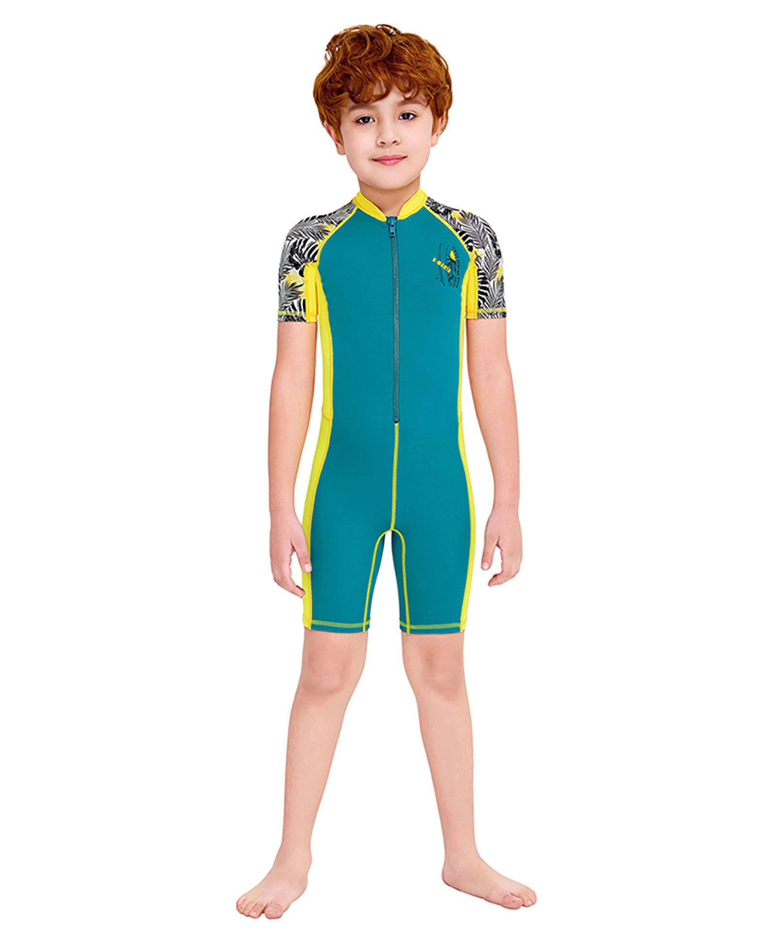 Little Surprise Box Half Sleeves Palm Leaves Printed Knee Length Swimsuit With UPF 50+ - Blue & Yellow-image-38