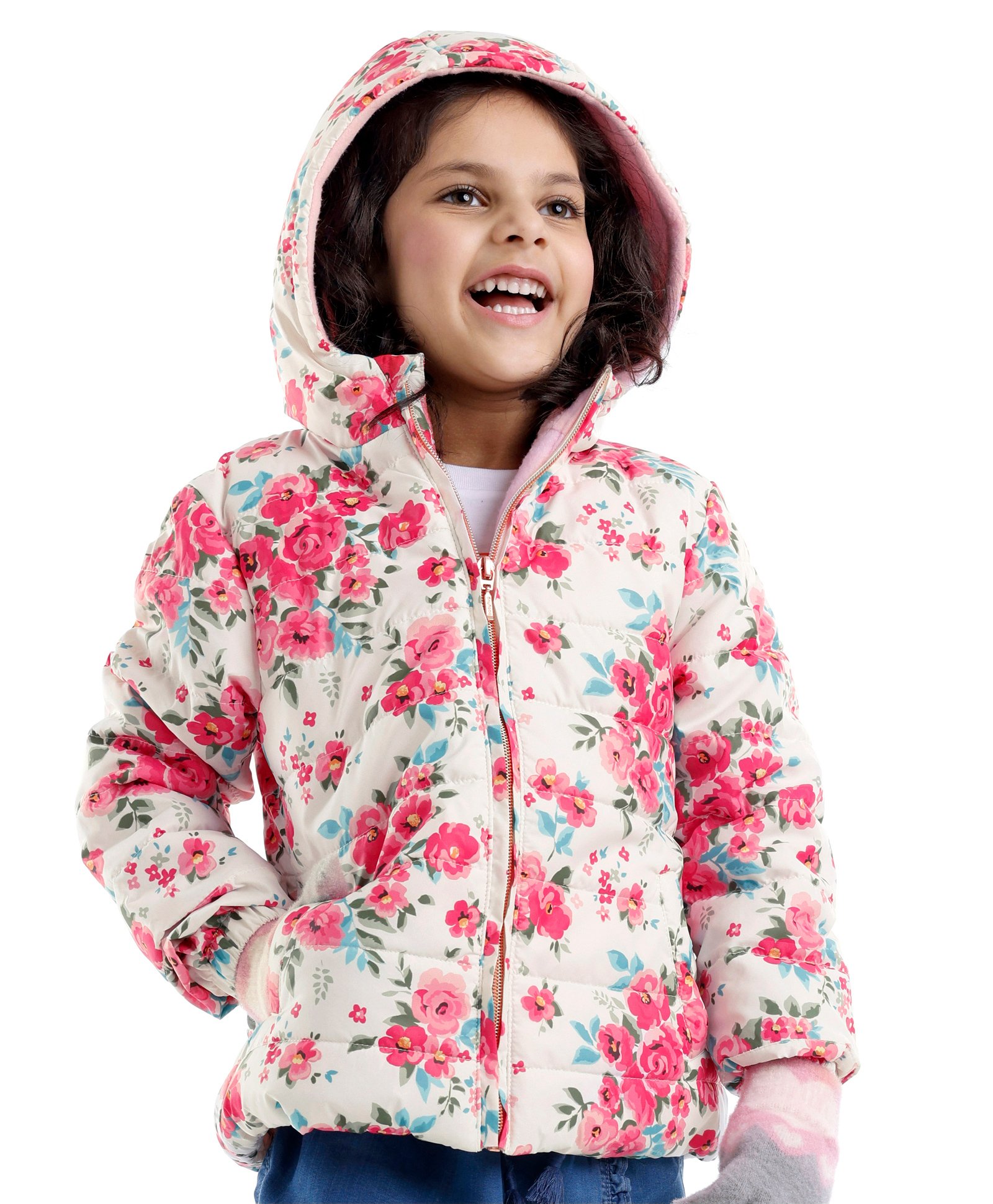 Babyhug Woven Full Sleeves Floral Printed Jacket with Hood - Pink-picture-22