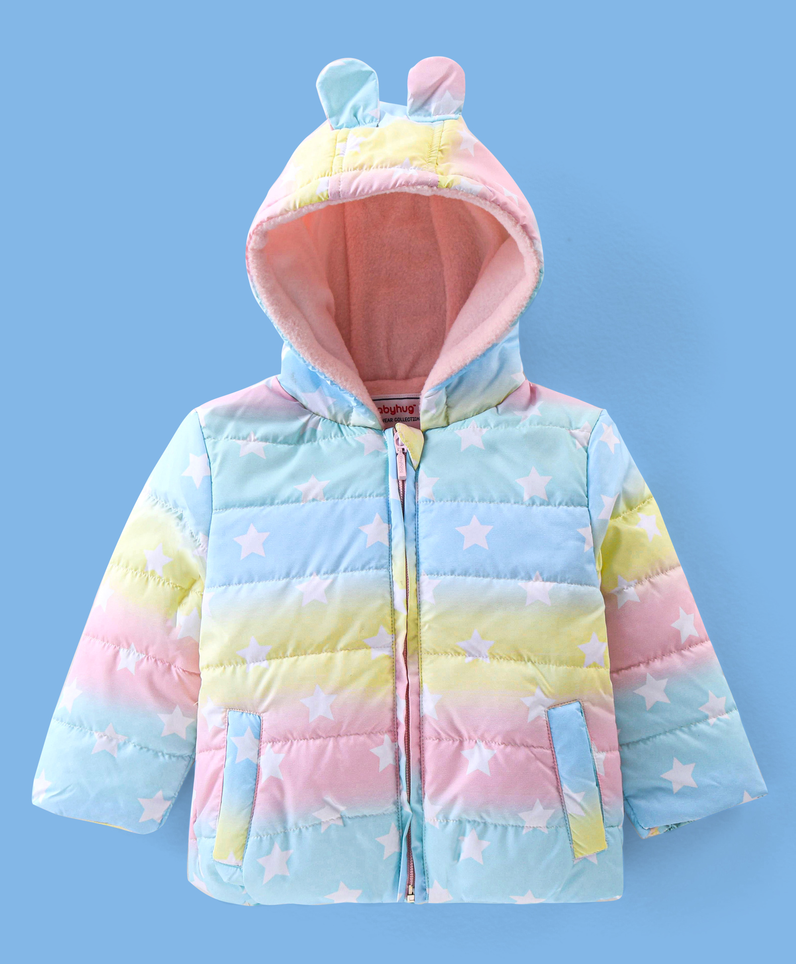 Babyhug Full Sleeves Hooded & Padded Jacket With Ear Applique Stars Print- Pink Yellow & Blue-picture-18